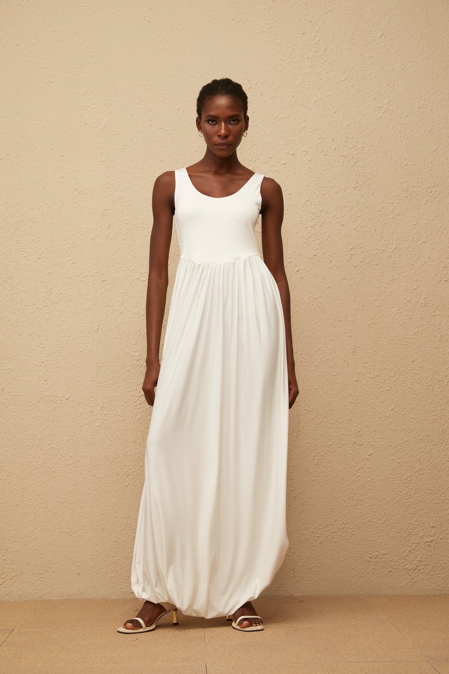 Aurore White Side Slit Pleated Maxi Dress