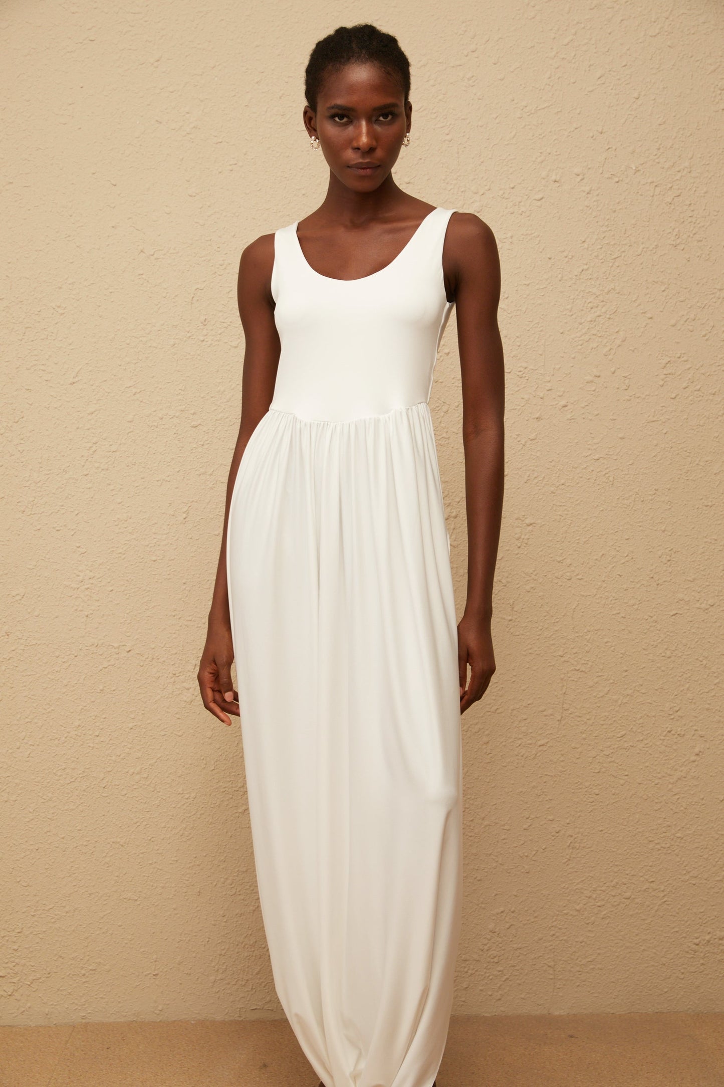 Aurore White Side Slit Pleated Maxi Dress