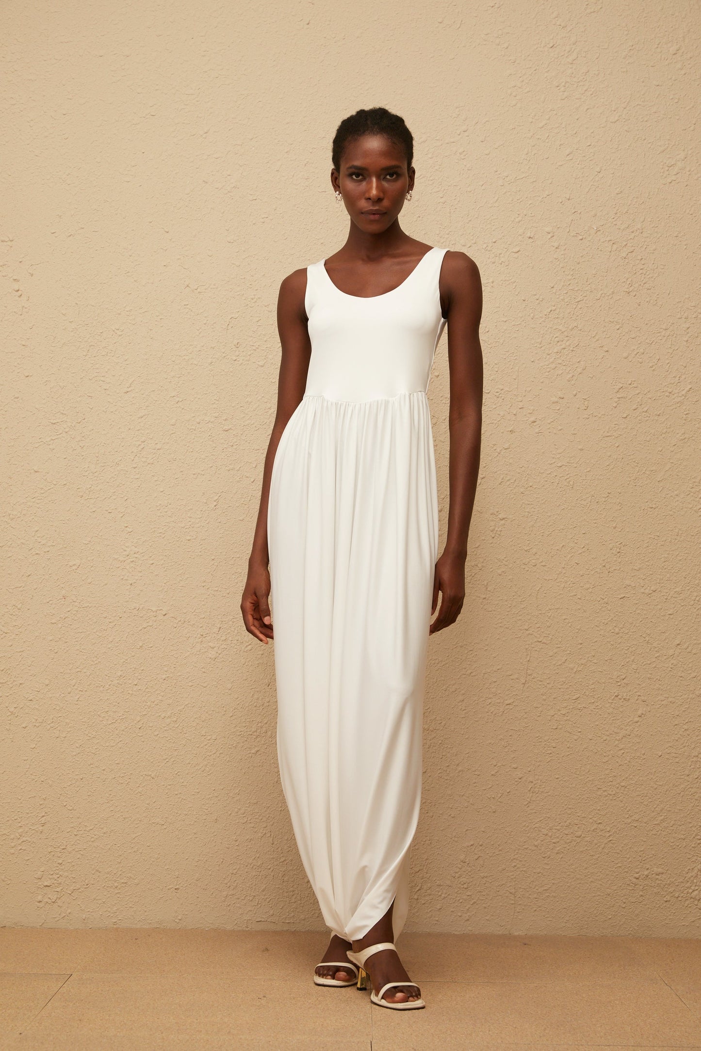 Aurore White Side Slit Pleated Maxi Dress
