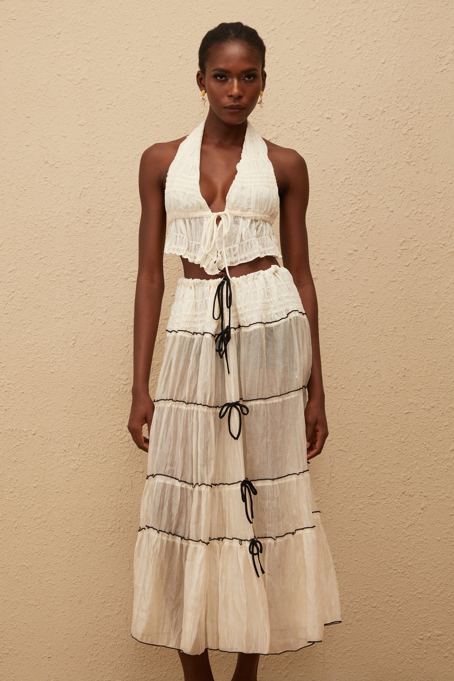 Aveline Cream White Bowknot Shirred Top Skirt Set
