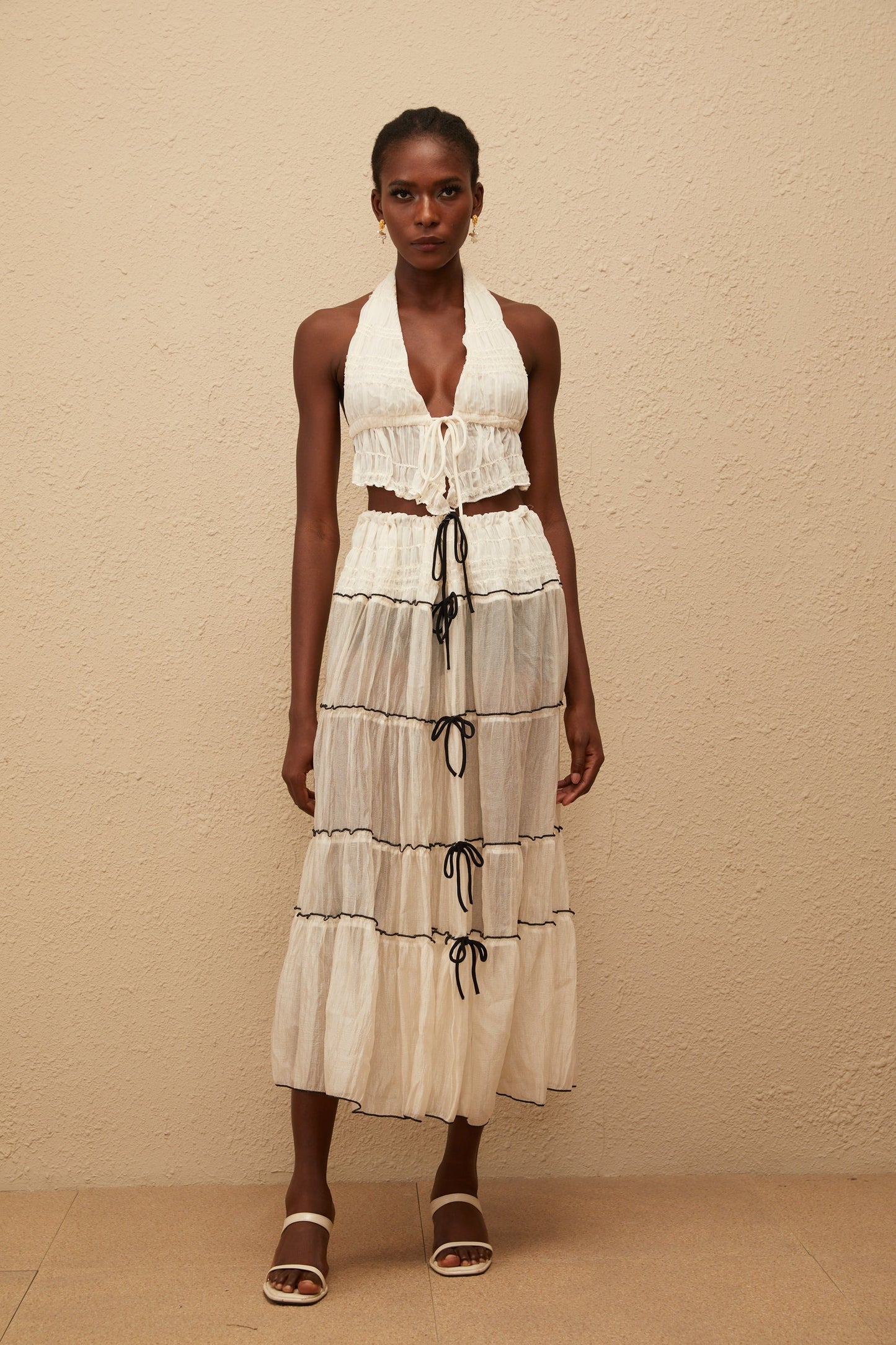 Aveline Cream White Bowknot Shirred Top Skirt Set