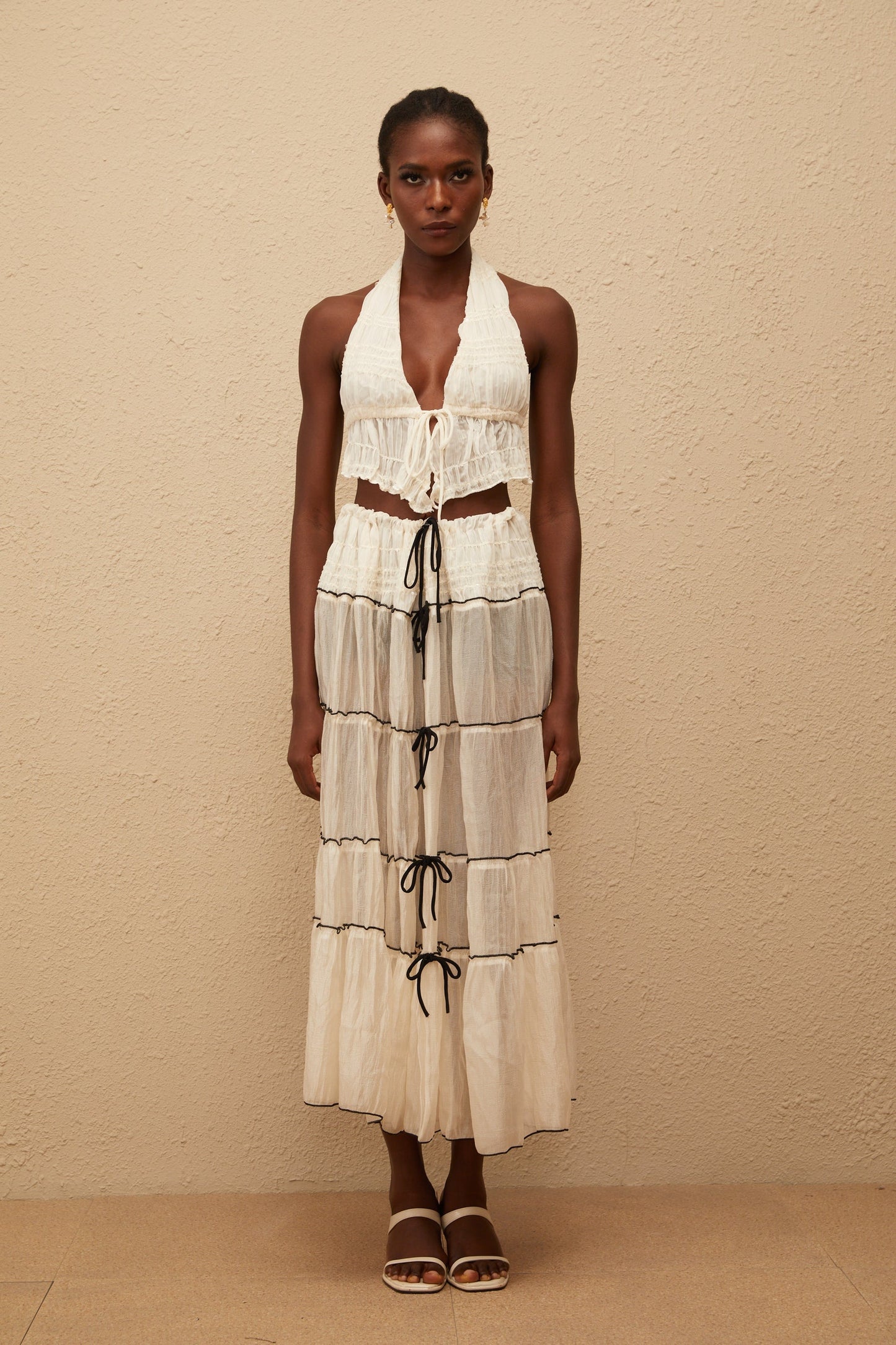Aveline Cream White Bowknot Shirred Top Skirt Set