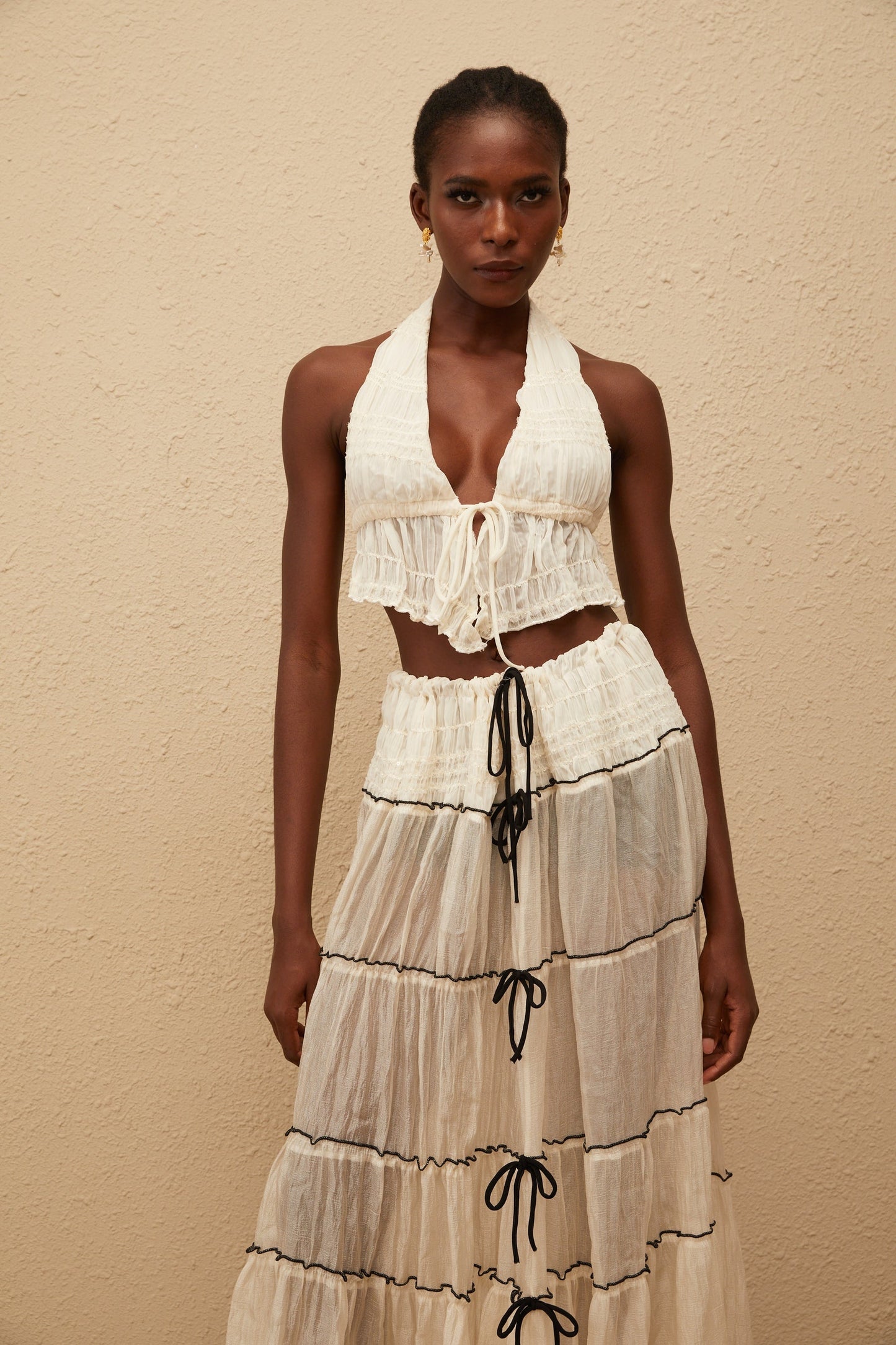 Aveline Cream White Bowknot Shirred Top Skirt Set