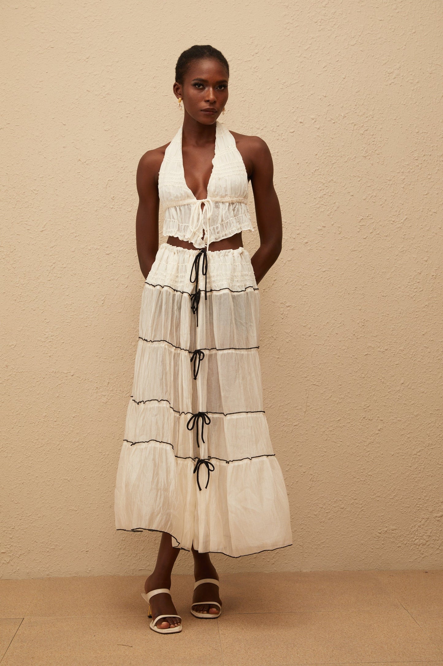 Aveline Cream White Bowknot Shirred Top Skirt Set
