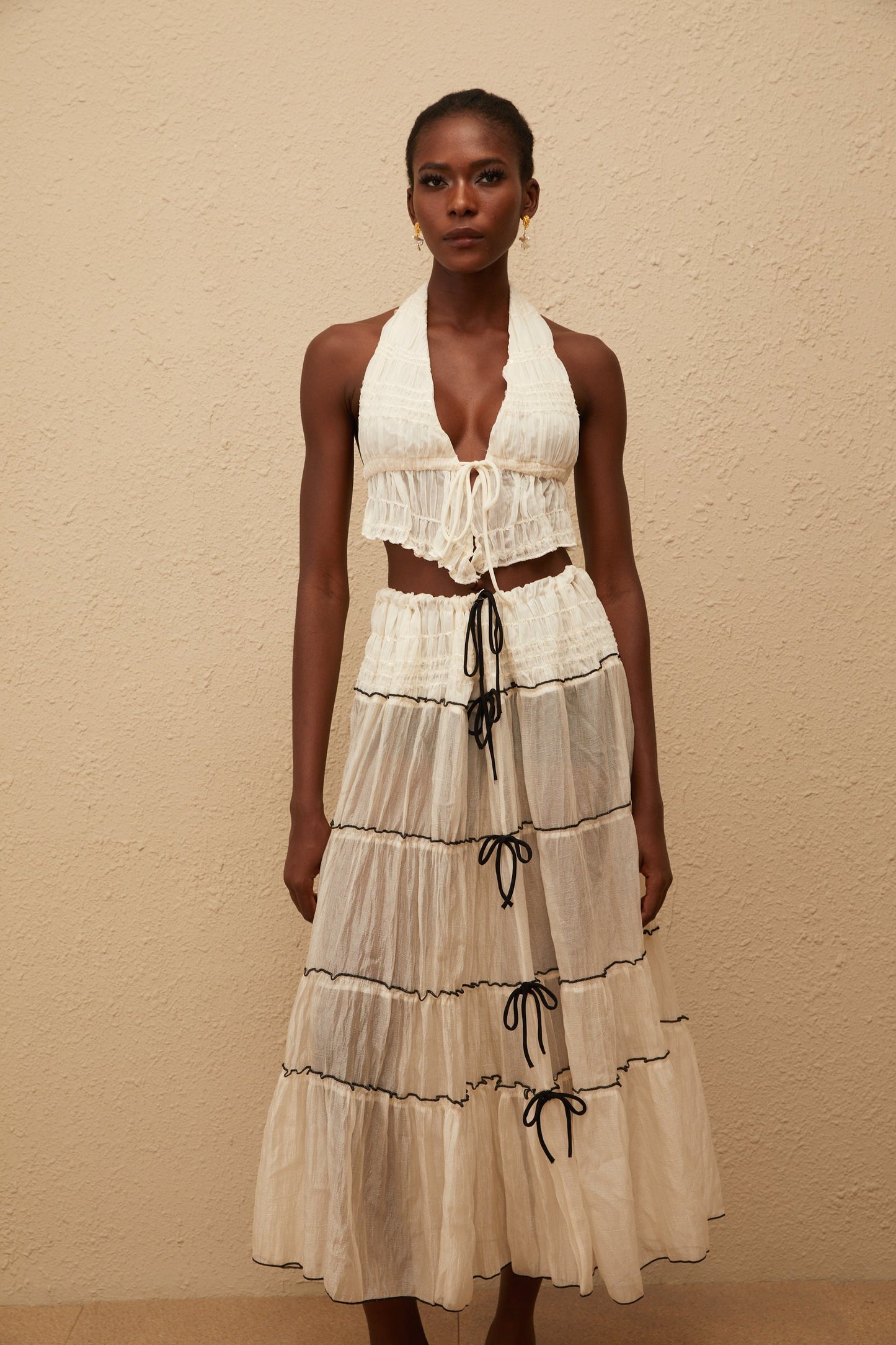 Aveline Cream White Bowknot Shirred Top Skirt Set