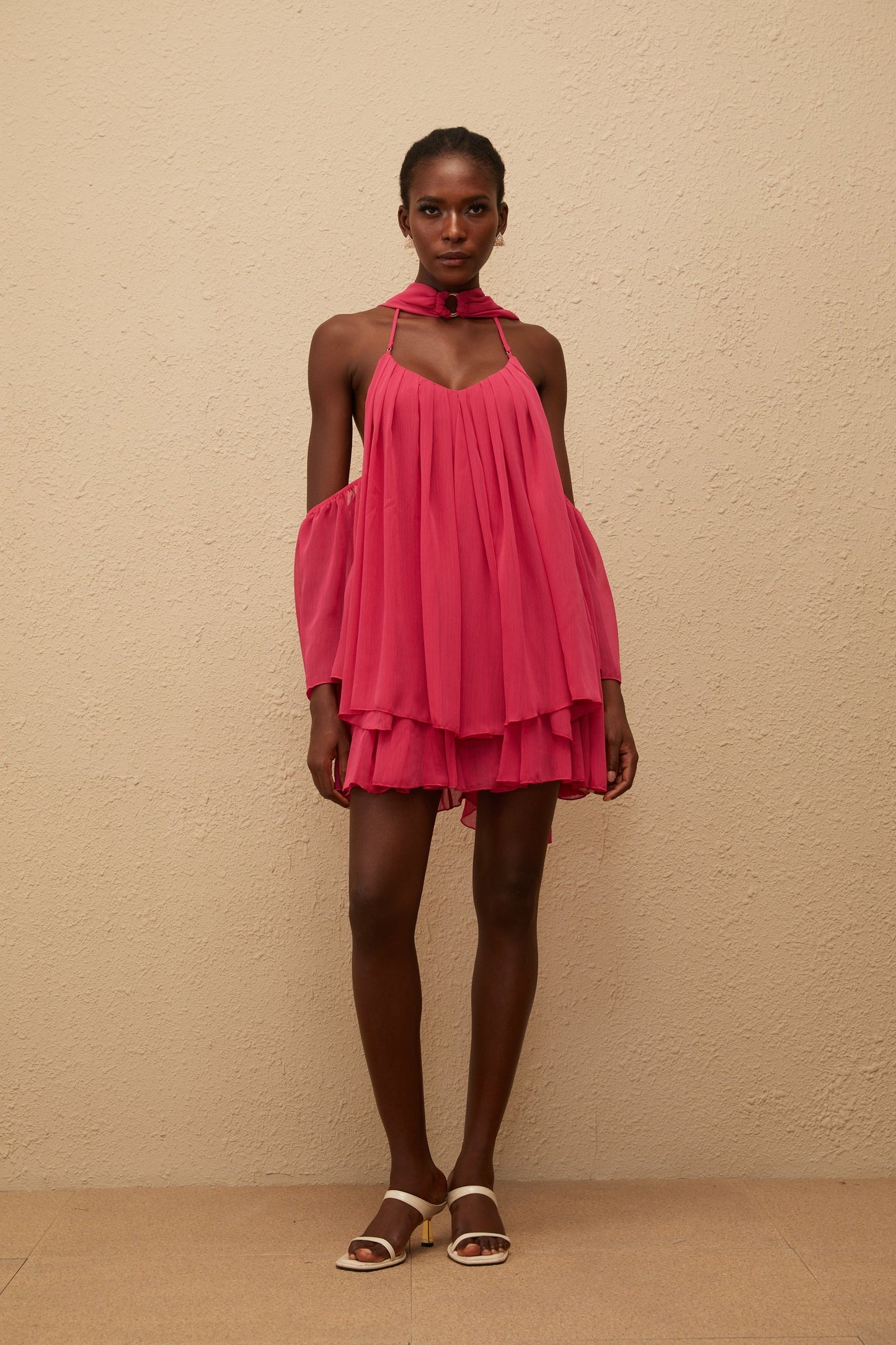 Aveline Hot Pink Pleated Chiffon Mini Dress