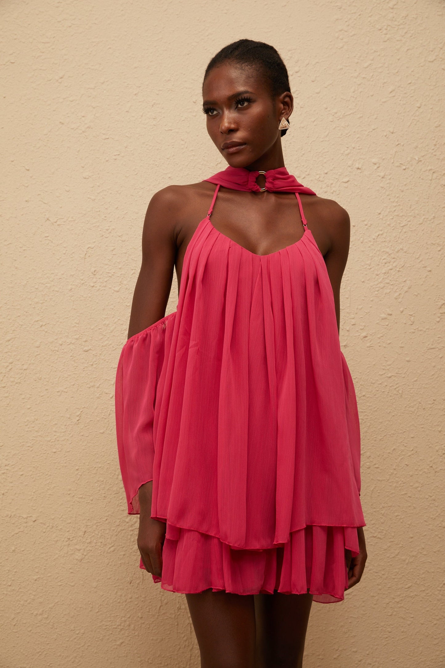 Aveline Hot Pink Pleated Chiffon Mini Dress