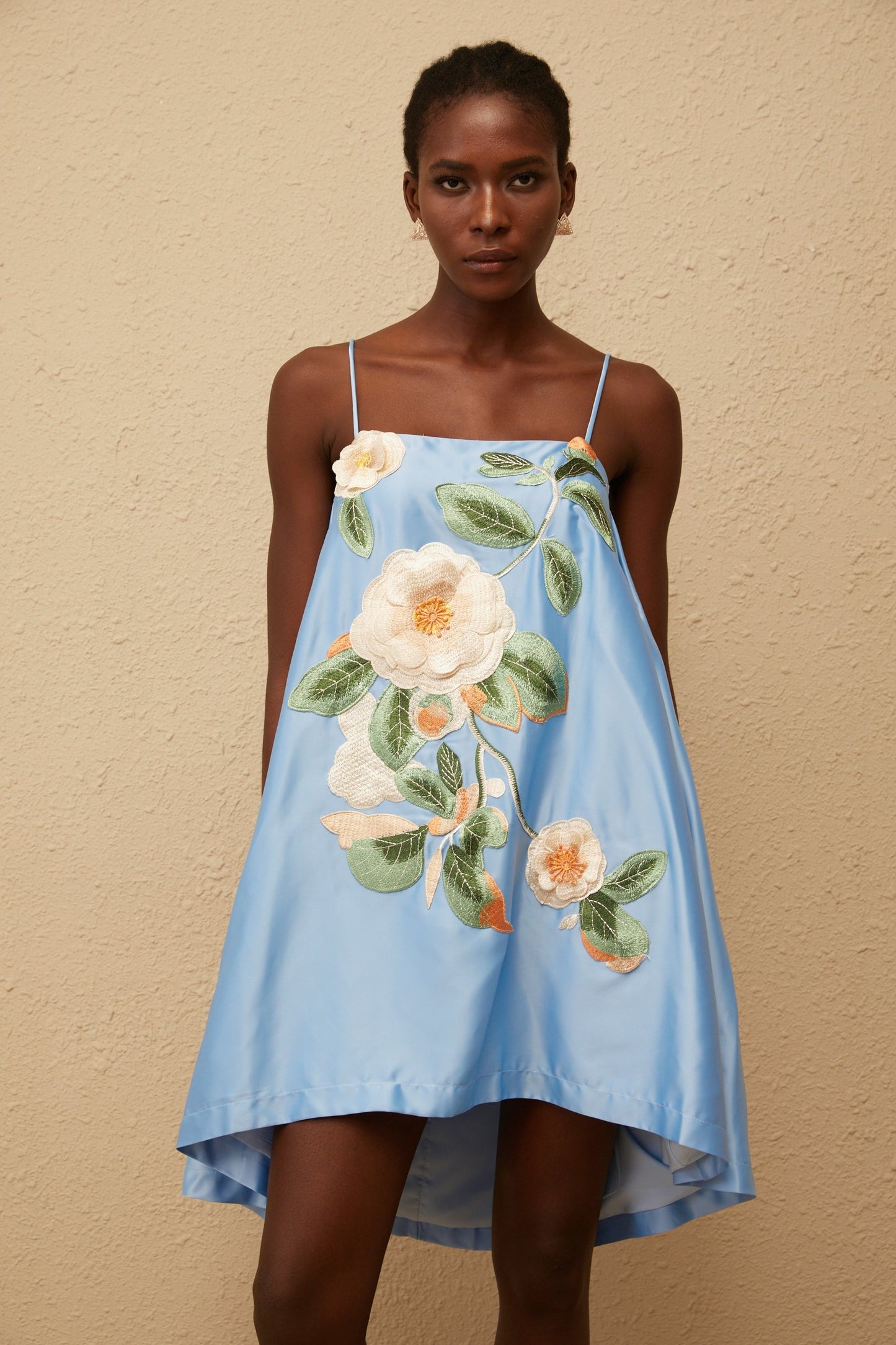 Avril Blue Floral Embroidered Satin Mini Dress