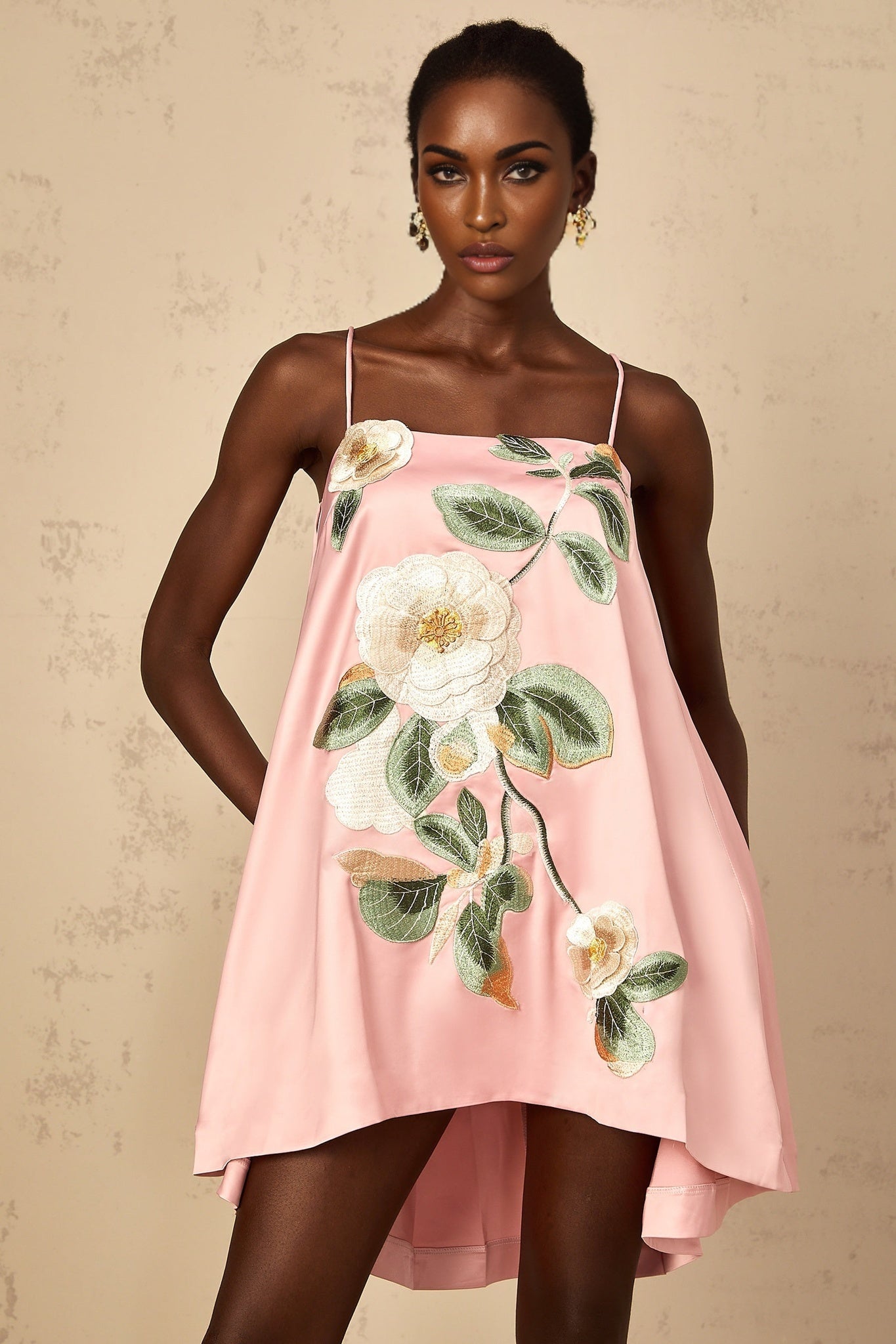 Avril Pink Floral Embroroided Satin Mini Dress