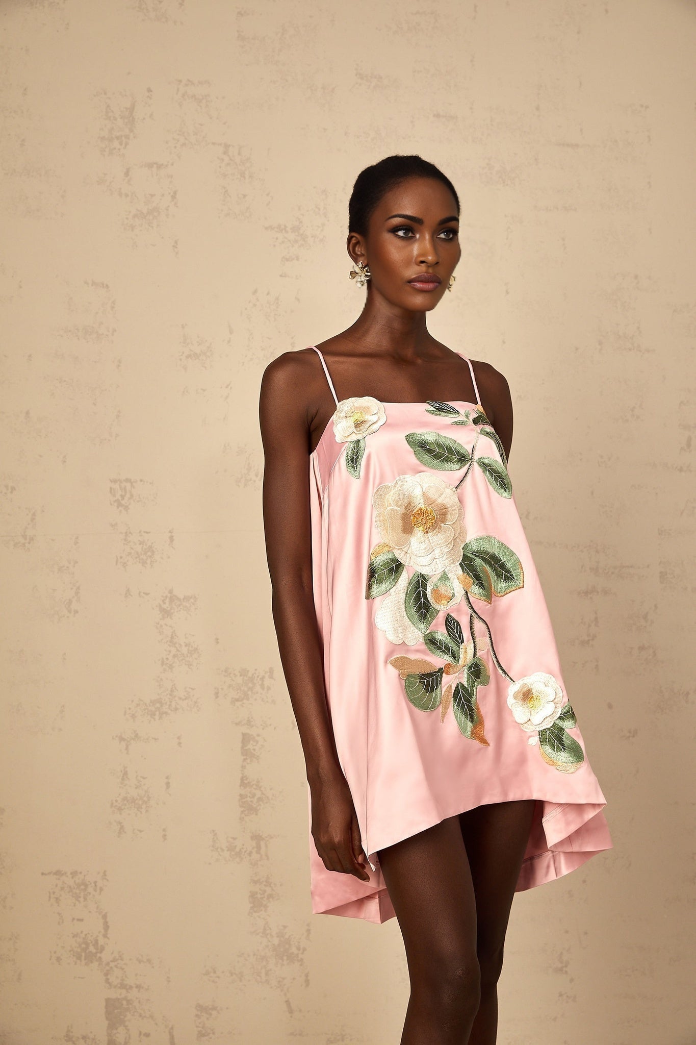 Avril Pink Floral Embroroided Satin Mini Dress
