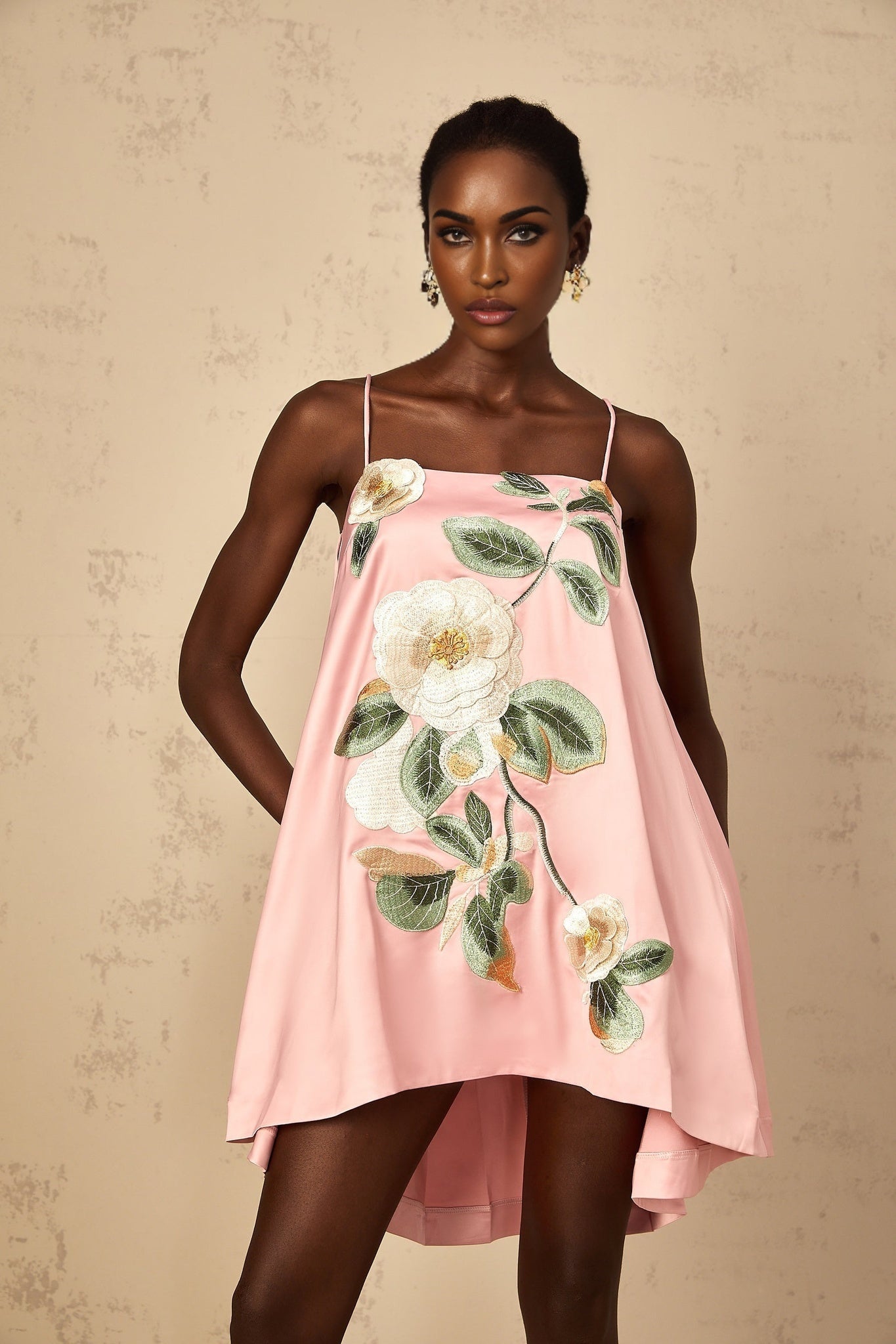 Avril Pink Floral Embroroided Satin Mini Dress
