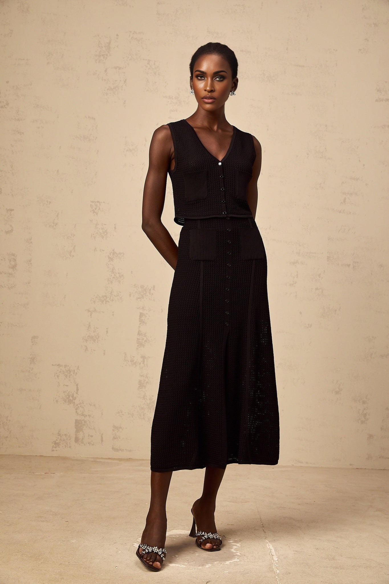 Babette black matching set featuring a pointelle knit top and skirt