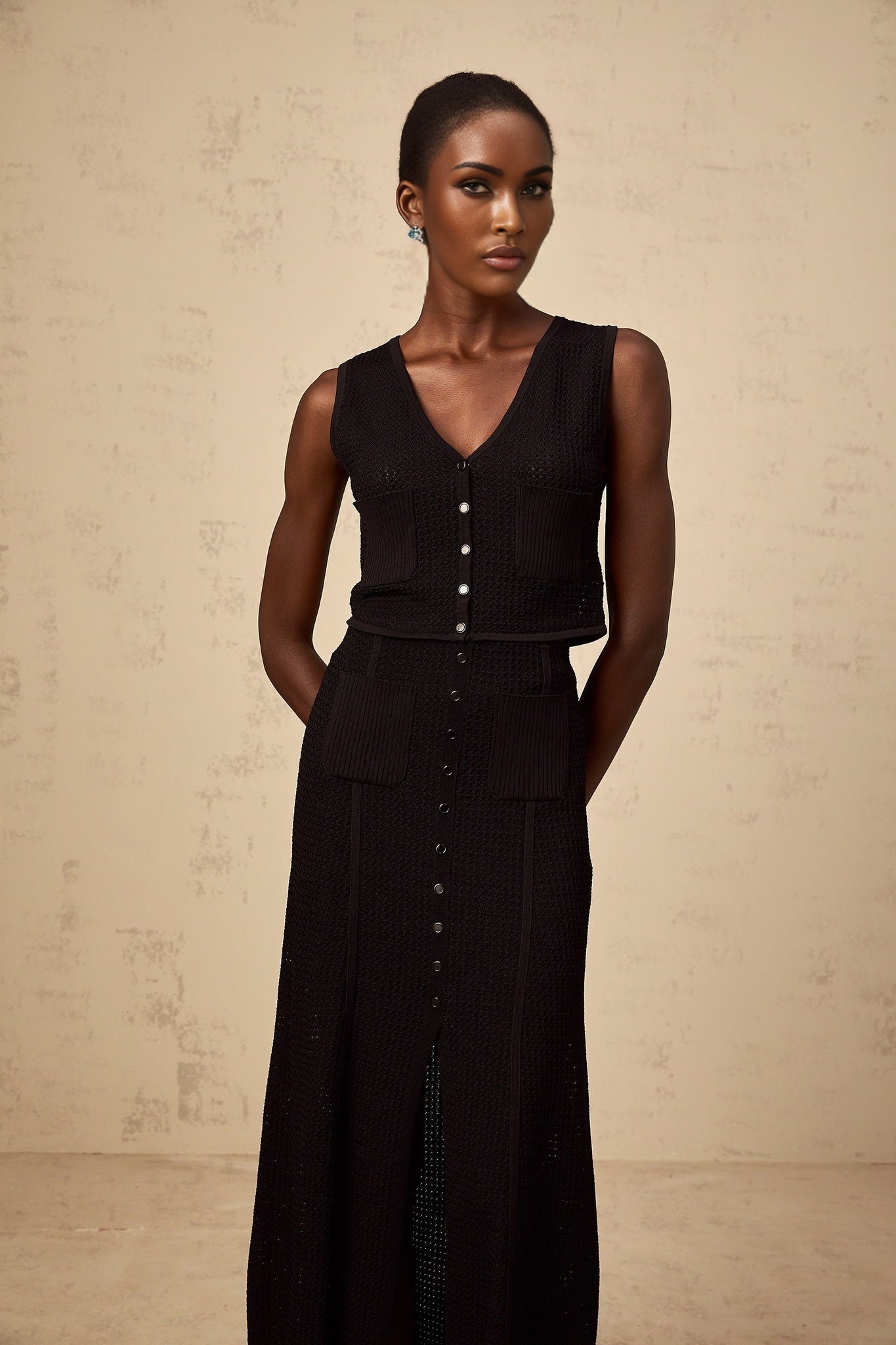 Babette black matching set featuring a pointelle knit top and skirt