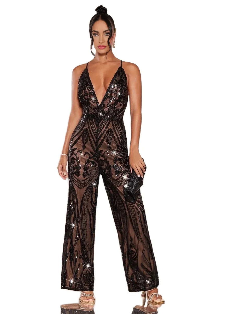 BAE Crisscross Lace Up Backless Sequin Cami Jumpsuit