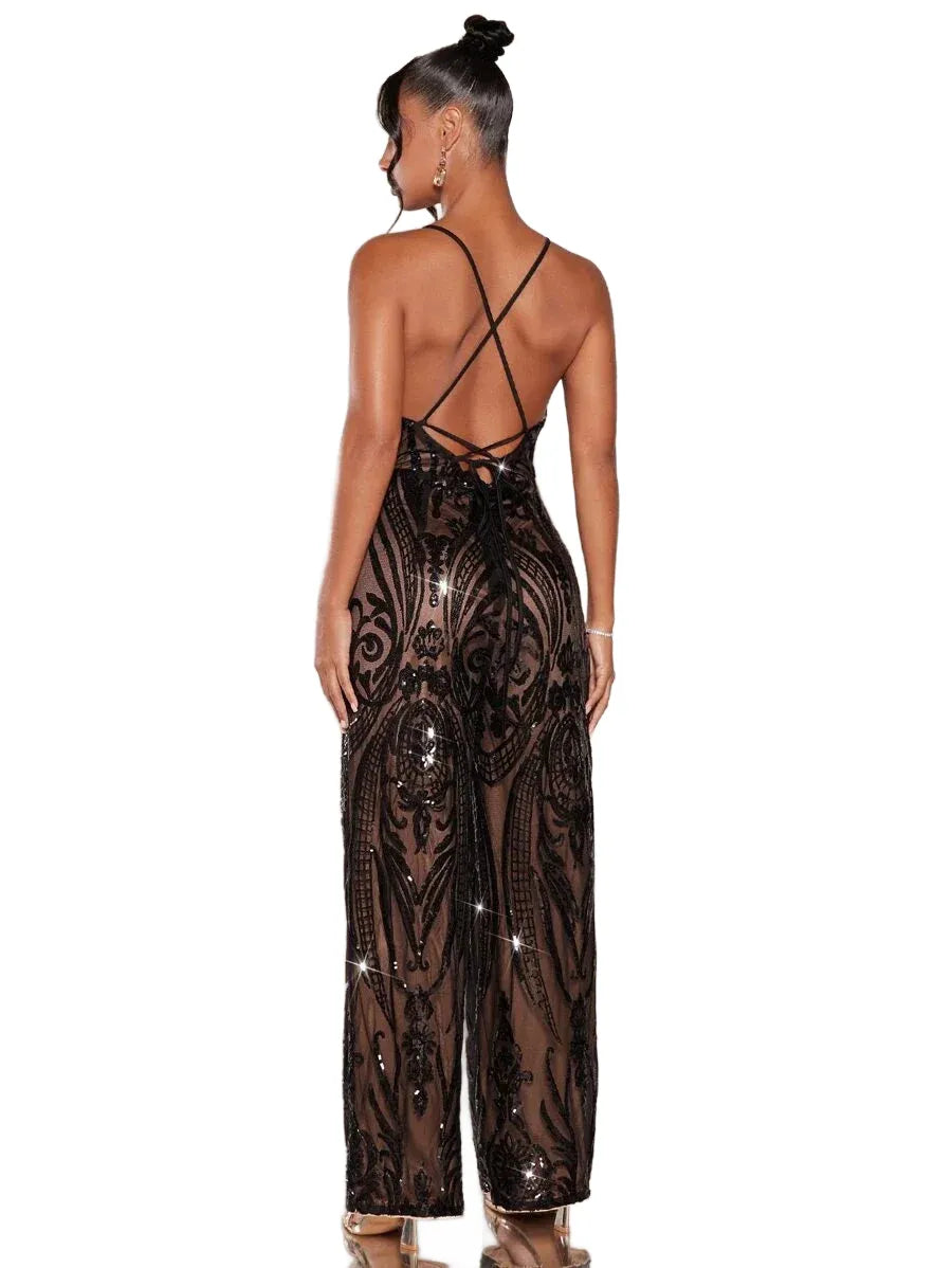 BAE Crisscross Lace Up Backless Sequin Cami Jumpsuit