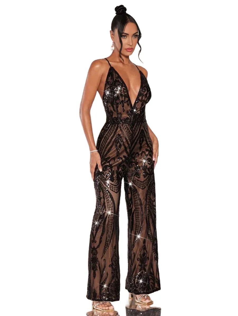 BAE Crisscross Lace Up Backless Sequin Cami Jumpsuit