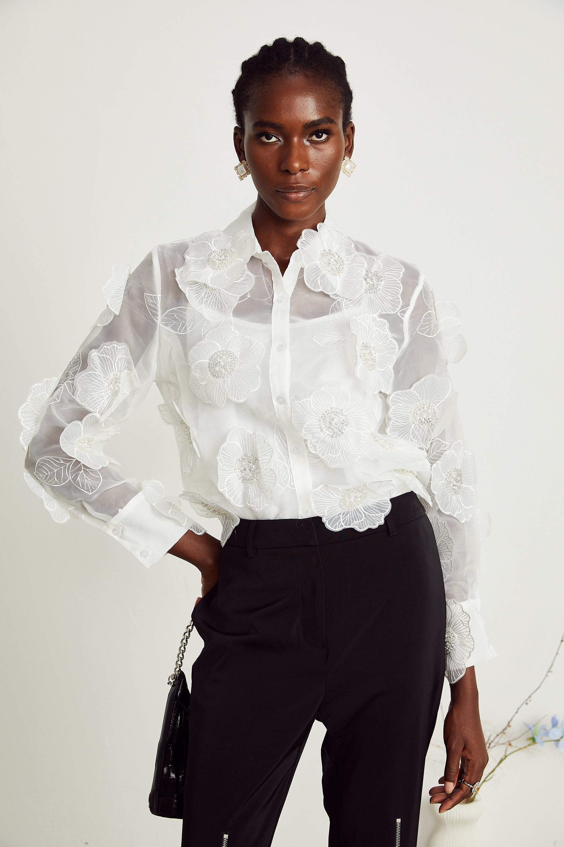 Béatrix white embellished semisheer shirt