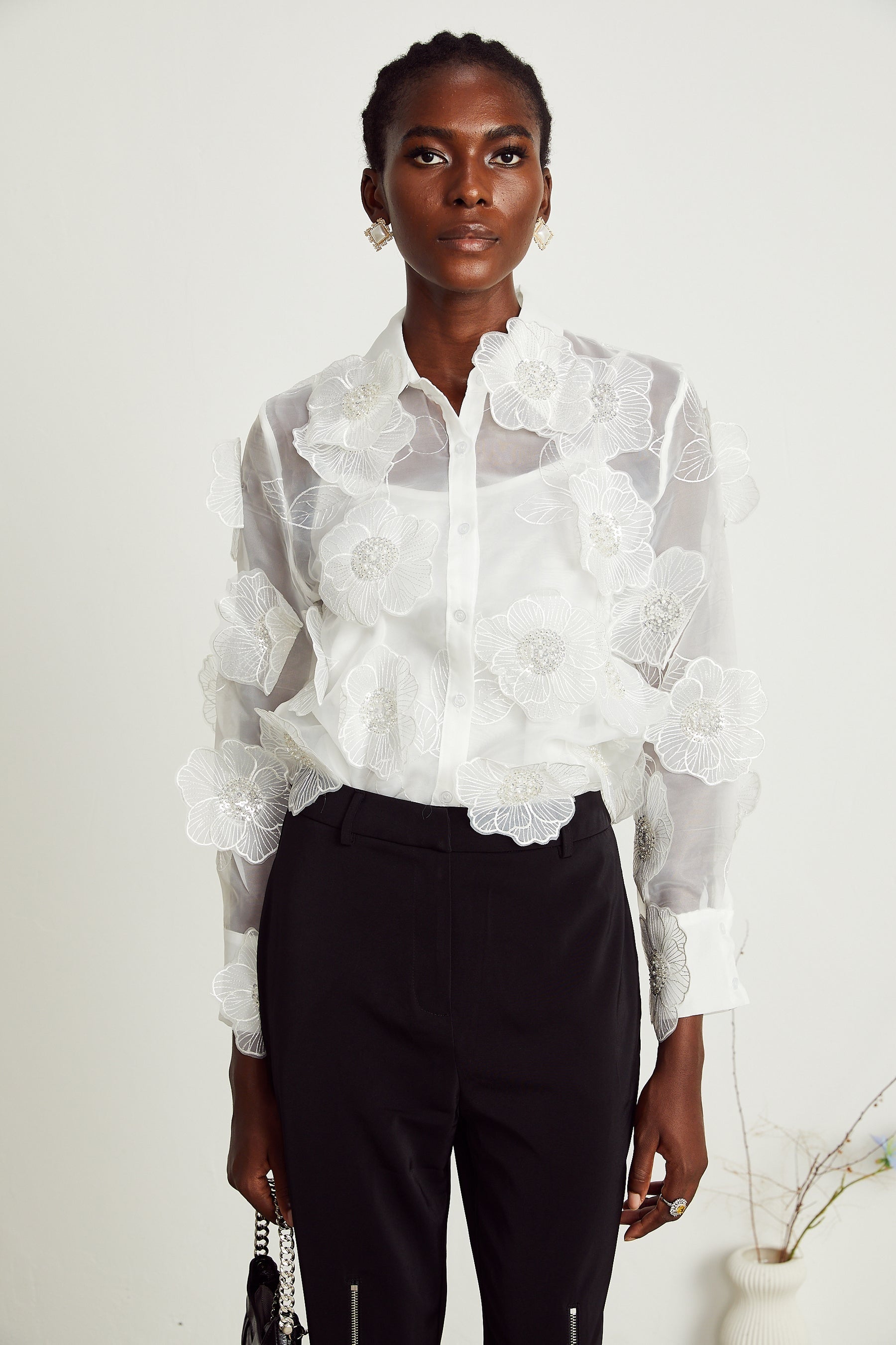 Béatrix white embellished semisheer shirt