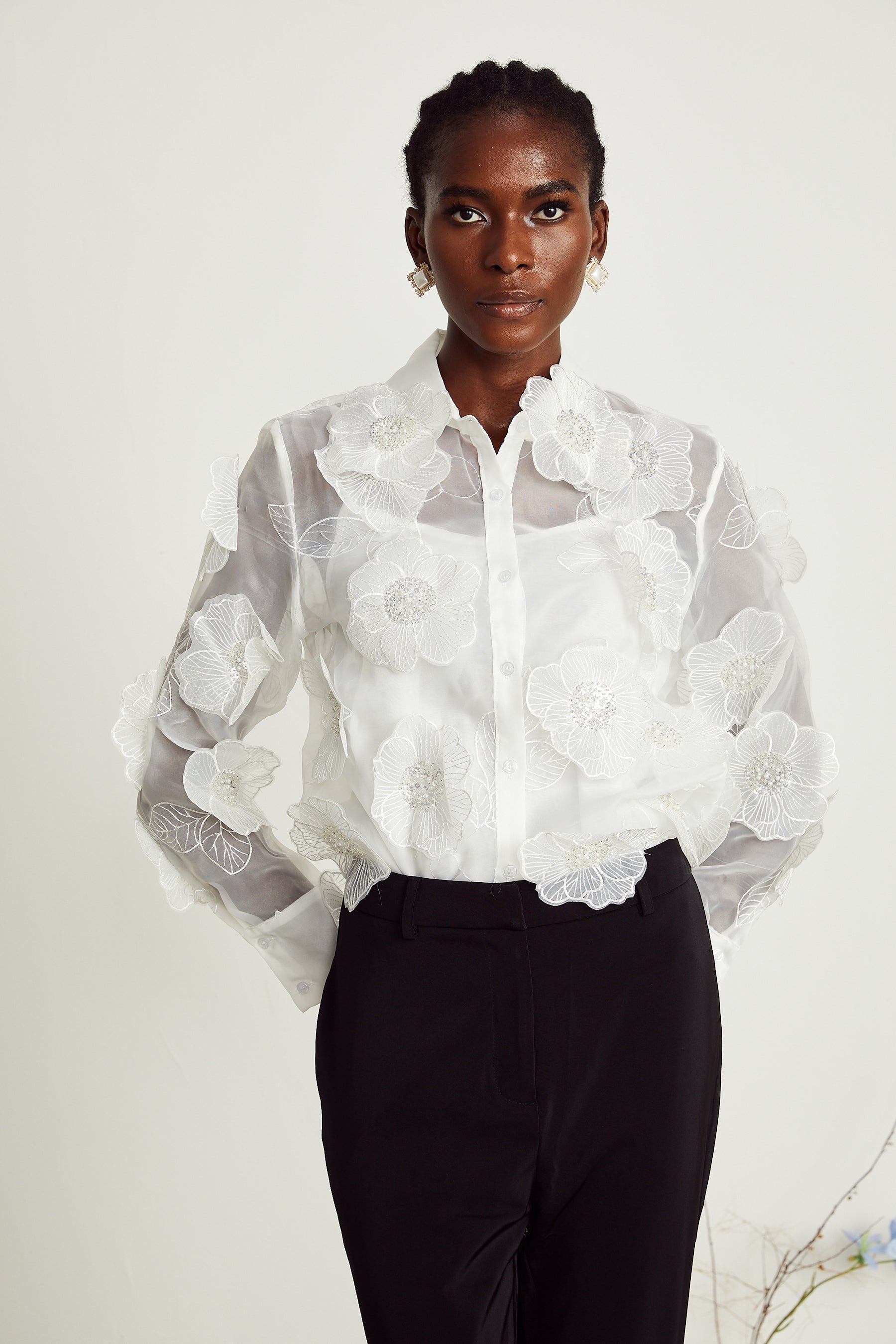 Béatrix white embellished semisheer shirt
