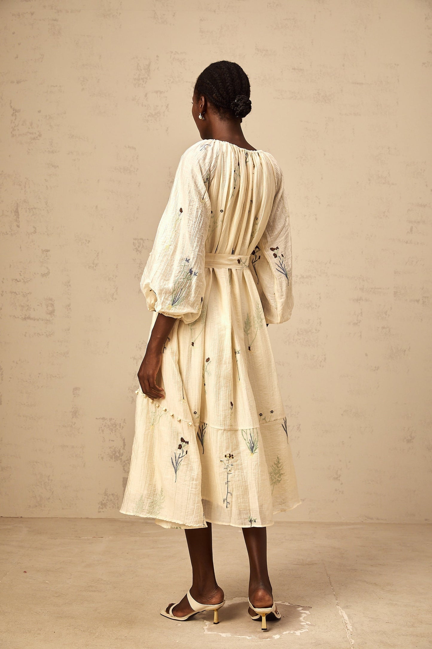Beige midi dress with floral embroidery and beaded details featuring Uranie design