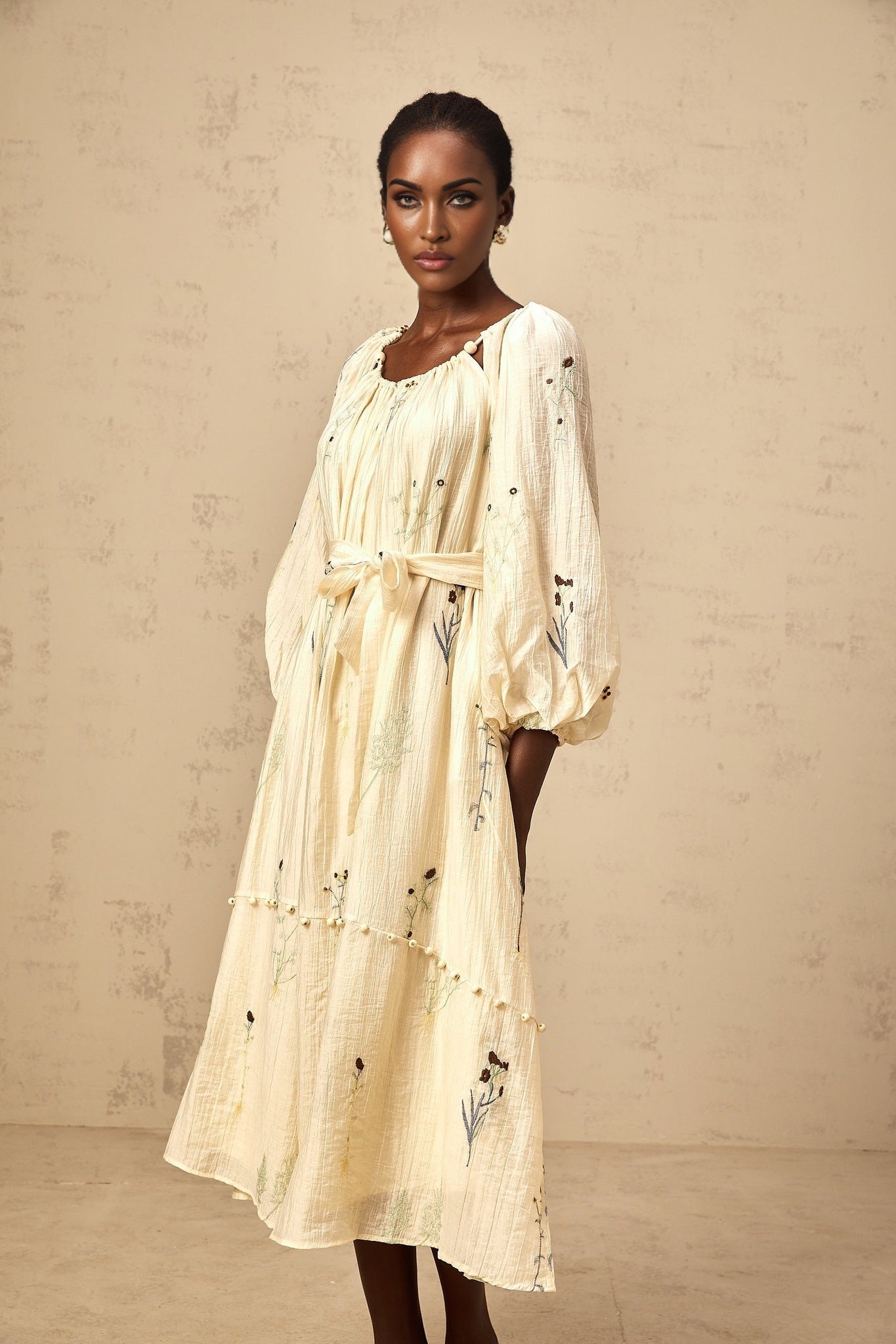 Beige midi dress with floral embroidery and beaded details featuring Uranie design