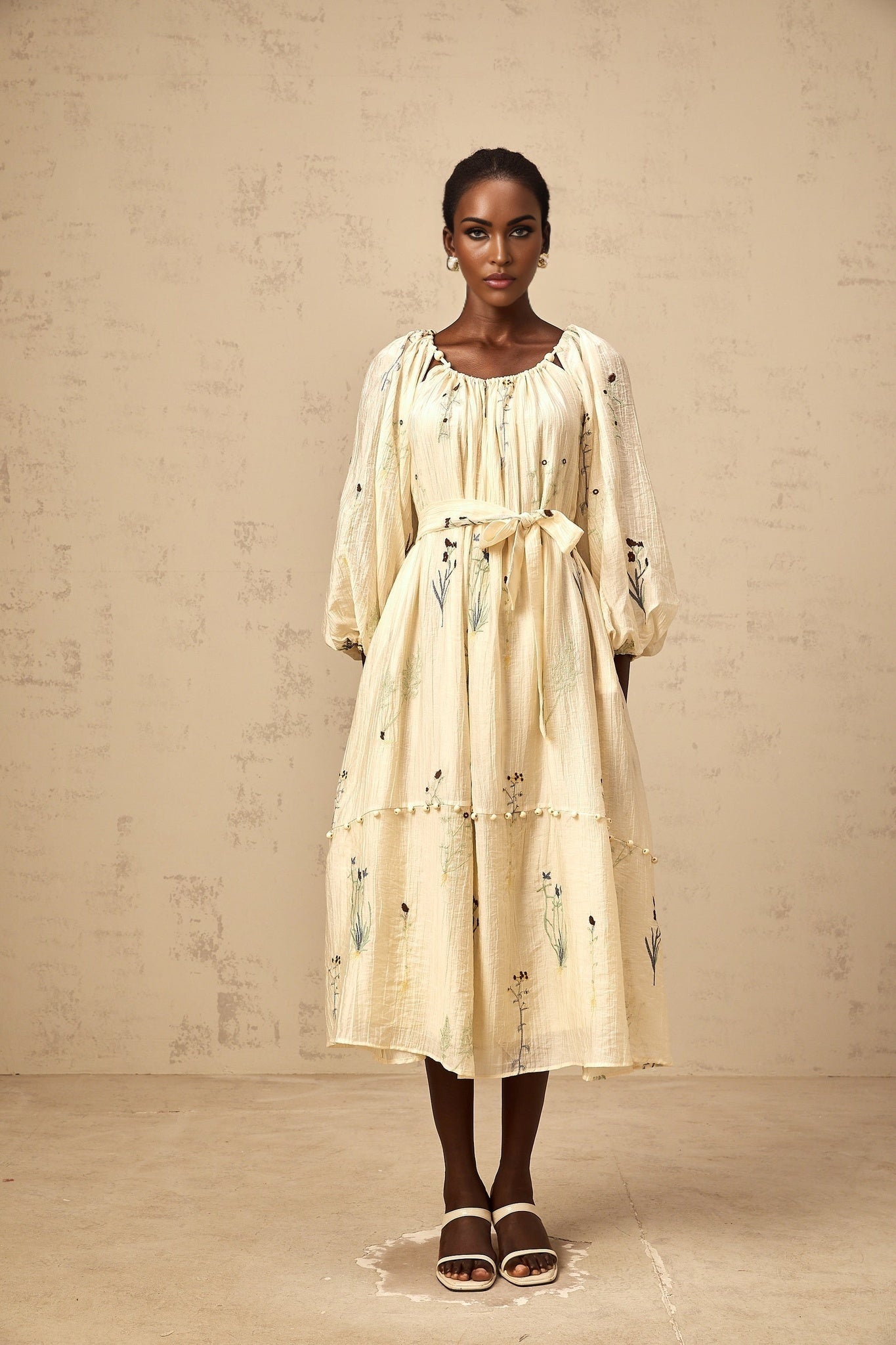Beige midi dress with flower embroidery and beaded details featuring Uranie design