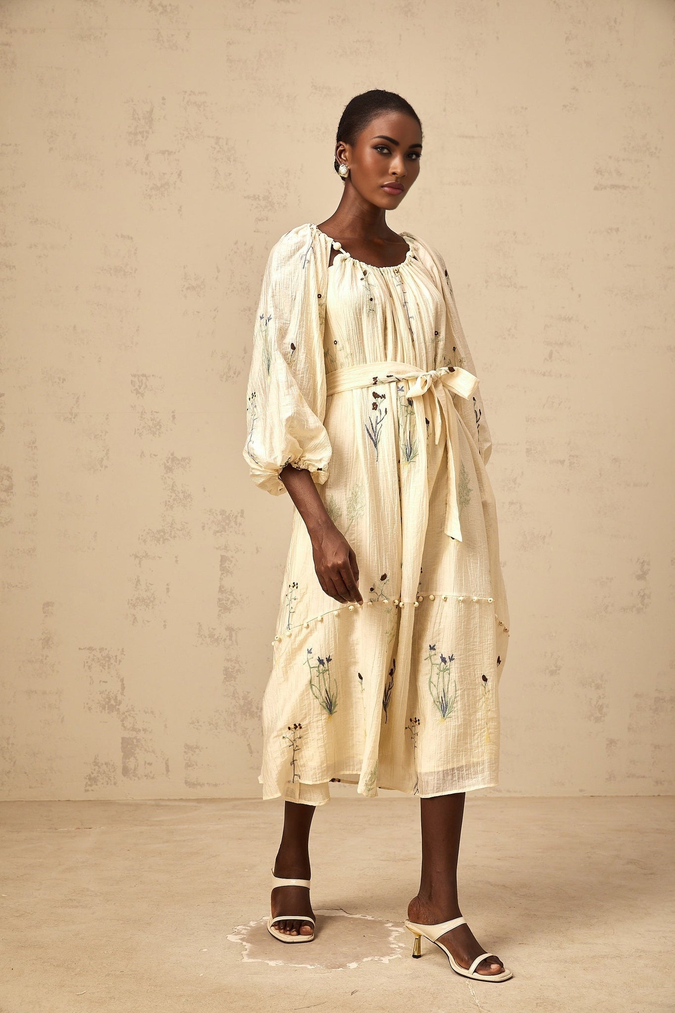 Beige midi dress with flower embroidery and beaded details named Uranie