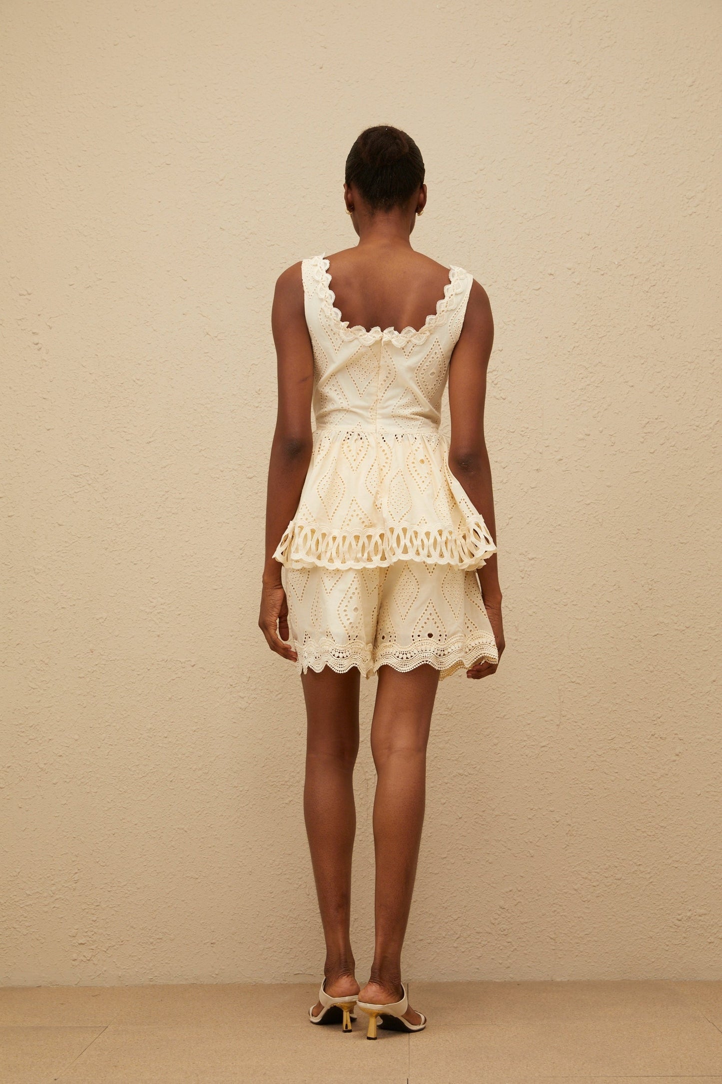 Beige Neutrals Square Neck Sleeveless Peplum Top and Shorts Set with Embroidered Detailing and Lace Trim