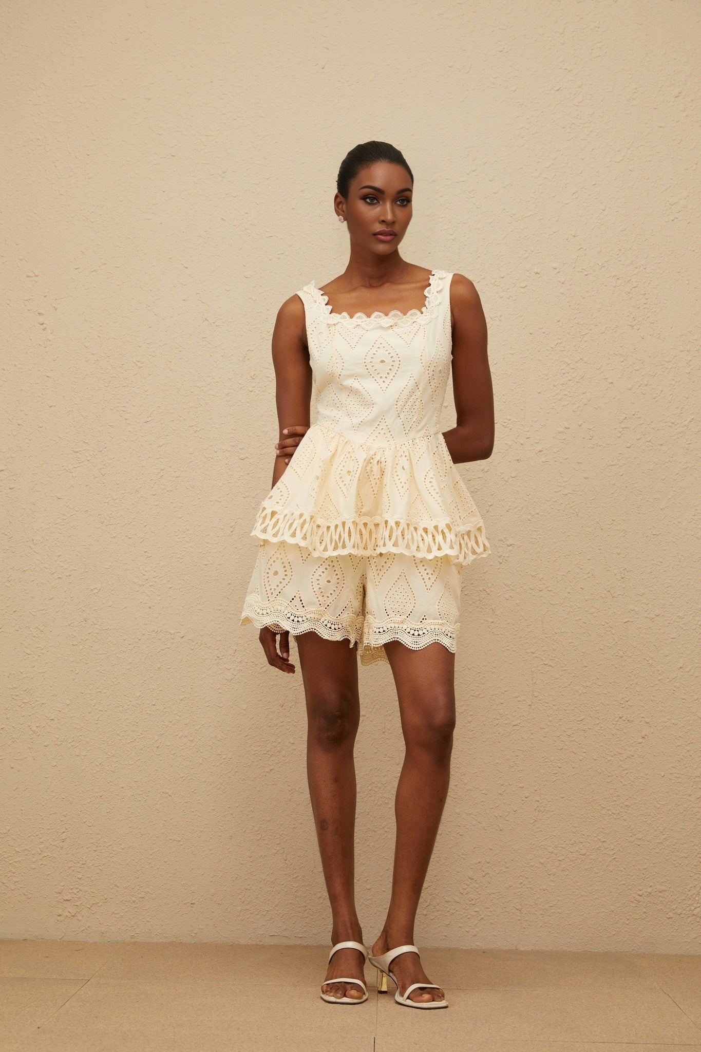 Beige Neutrals Square Neck Sleeveless Top and High Rise Wide Leg Shorts Set with Embroidered Detailing and Cut-out Design