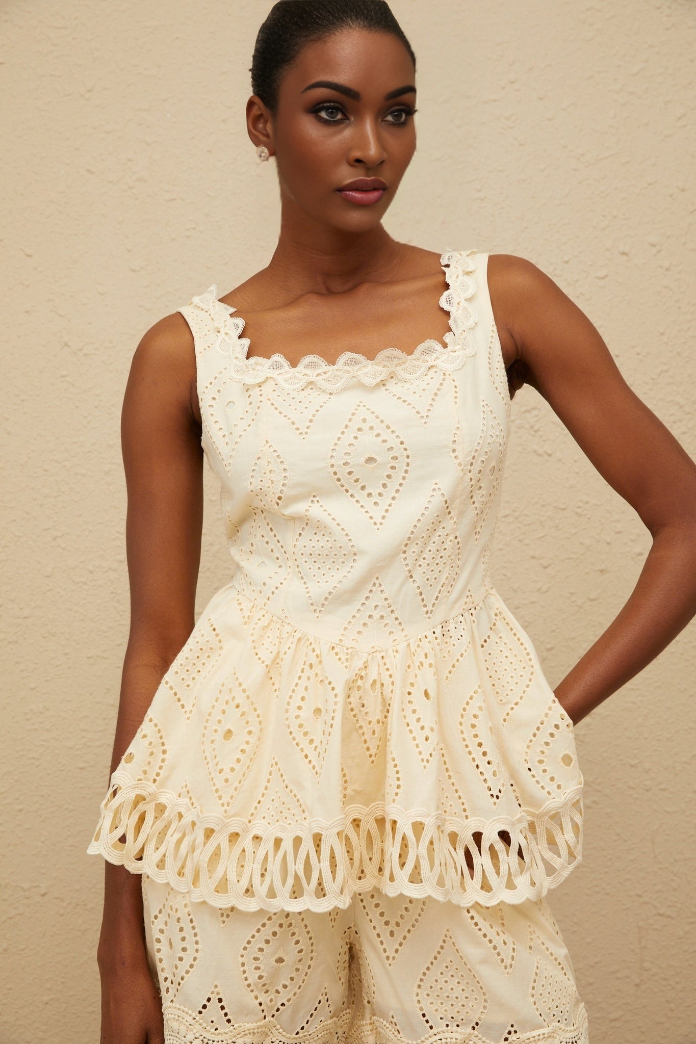 Beige Neutrals Square Neck Sleeveless Top and Wide Leg Shorts with Embroidered Detailing and Cut-out Design
