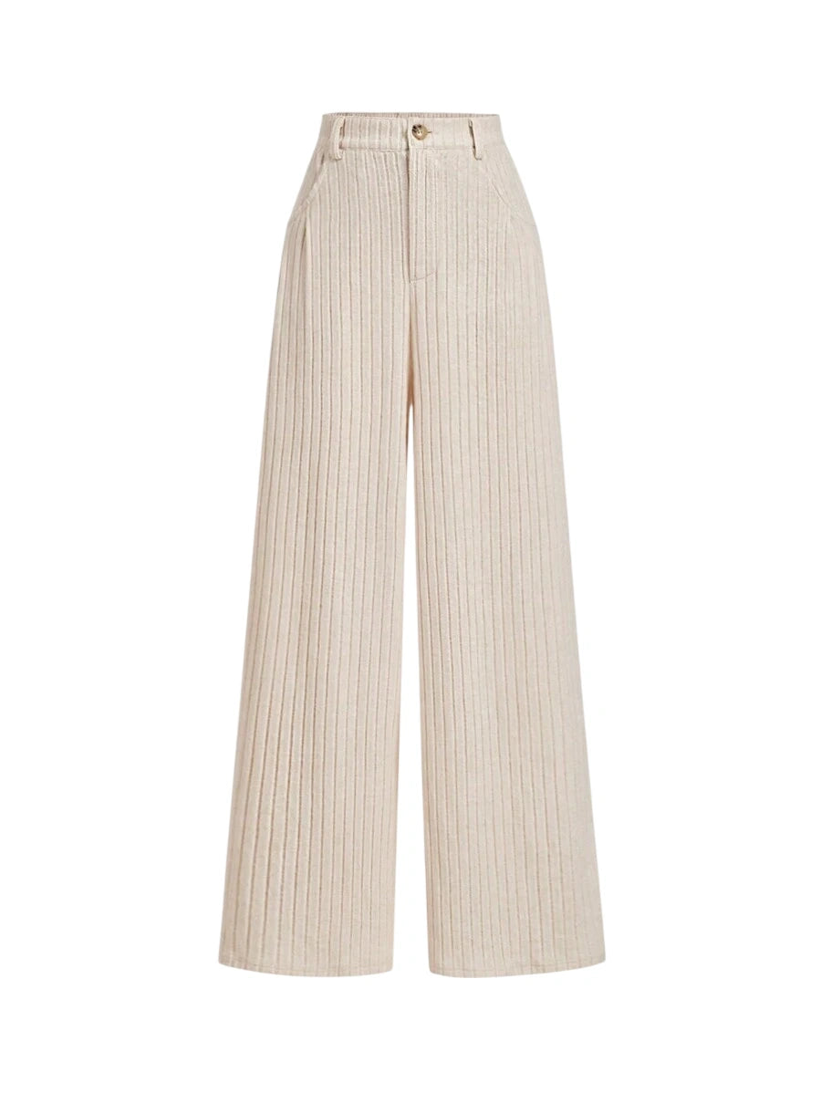 Beige Ribbed High Waist Wide Leg Pants Minimalist FashionCasual Everyday WearPants WomenCargo