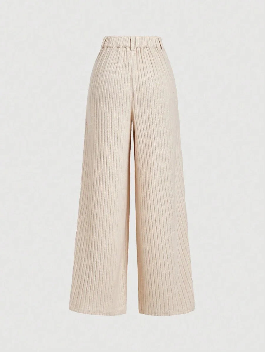 Beige Ribbed High Waist Wide Leg Pants Minimalist FashionCasual Everyday WearPants WomenCargo