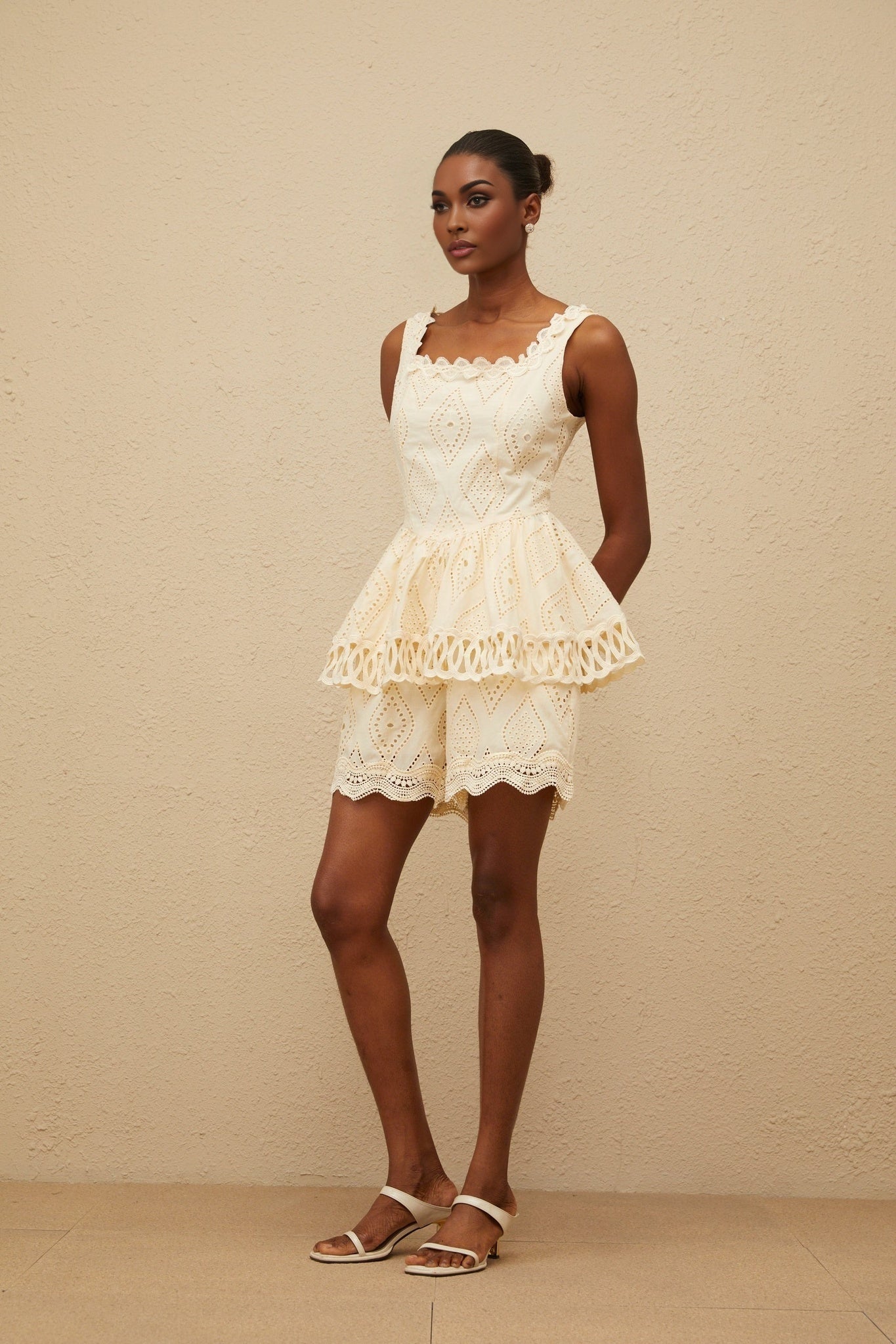 Beige Square Neck Sleeveless Top and High Rise Wide Leg Shorts Set in Neutrals with Embroidered Detailing and Cut-Out Design