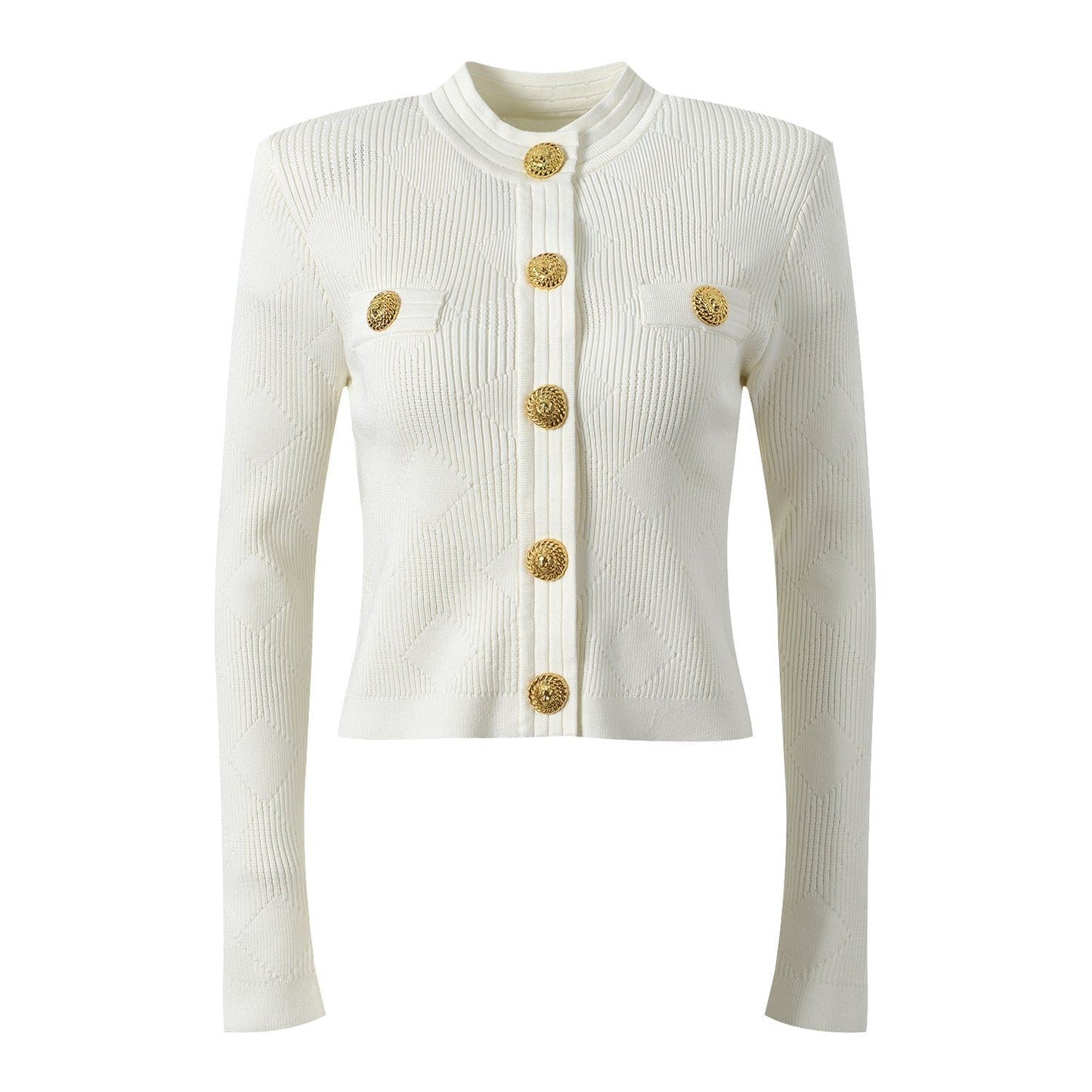 Beige Textured Geometric Cardigan with Gold Accents