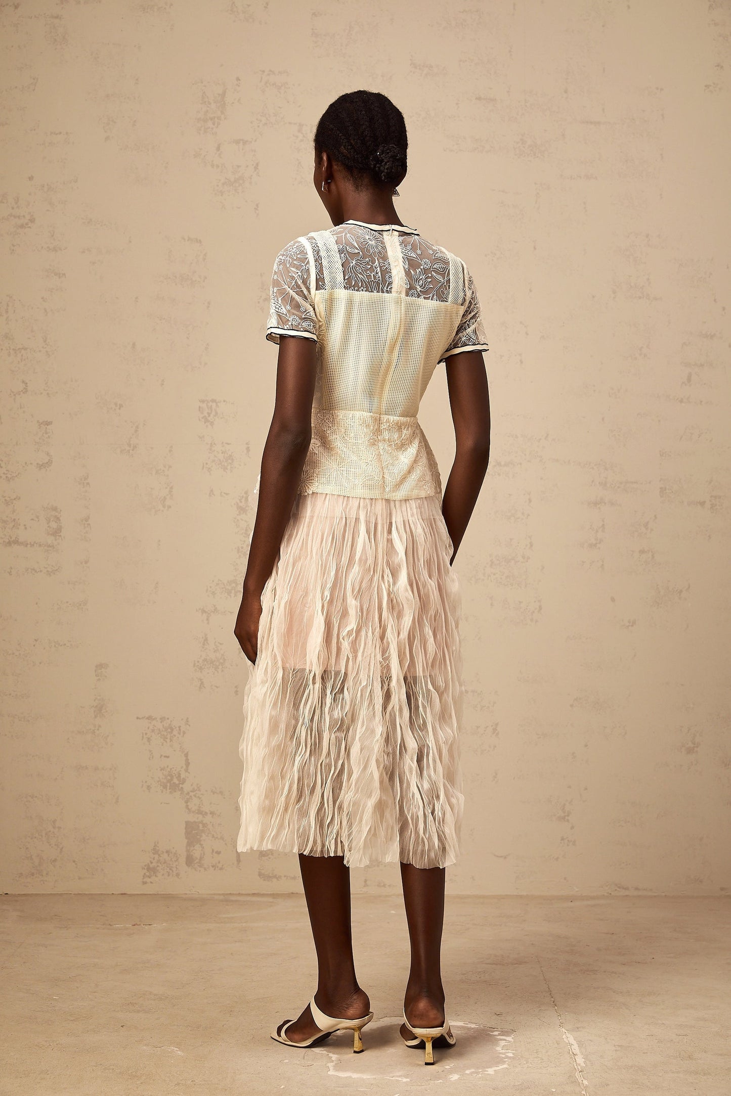 Beige tulle midi dress with embroidery details named Sandrine