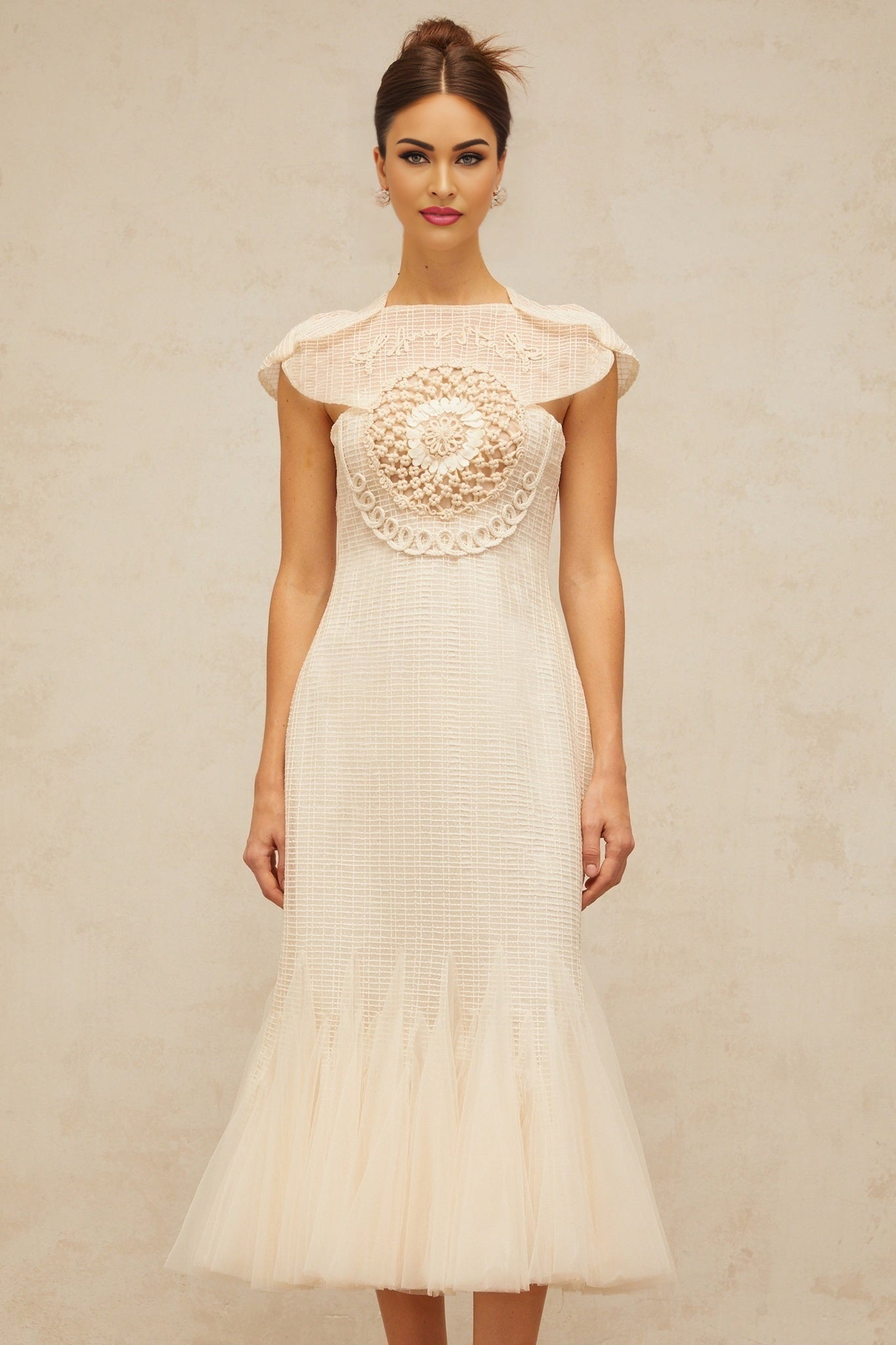 Bérengère white jacquard tullepanel midi dress