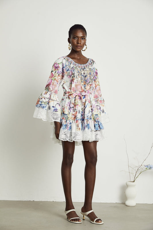 Bérénice floralprint lace trim mini dress