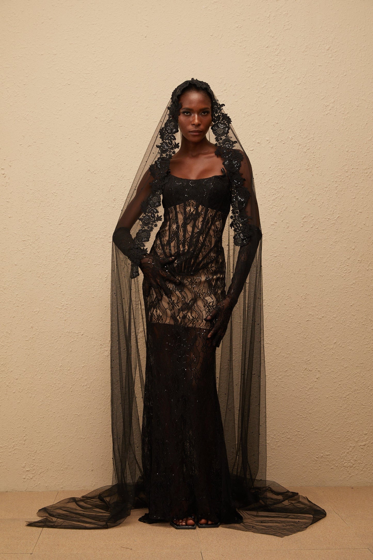 Bertille Black Floral Lace Corset Maxi Dress