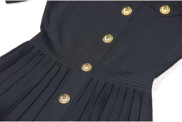 Black A-line dress with gold accents