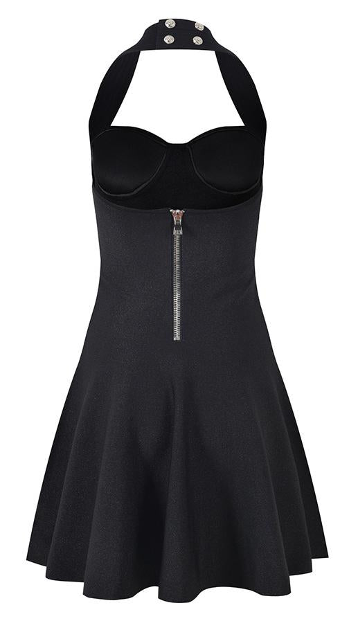 Black A-line halter dress with floral embellishment
