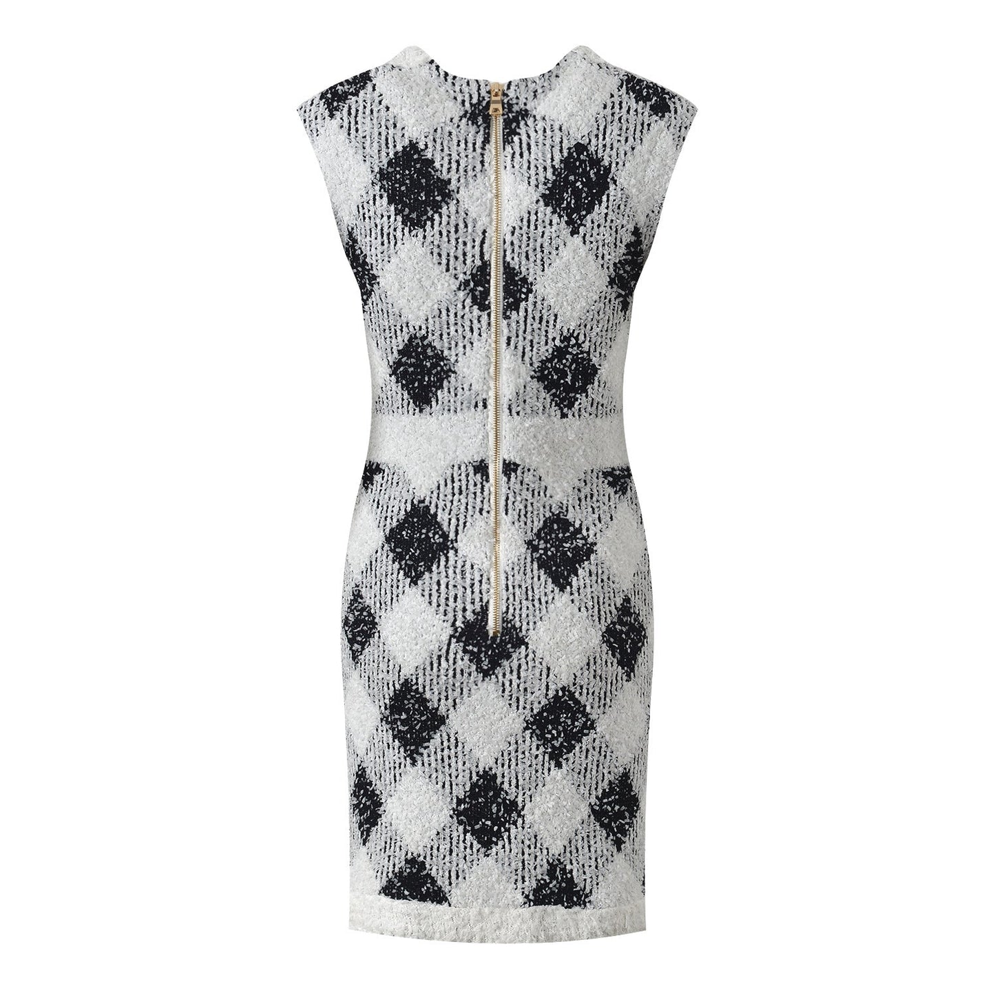 Black and White Argyle Pattern Bodycon Dress with Golden Button Accents