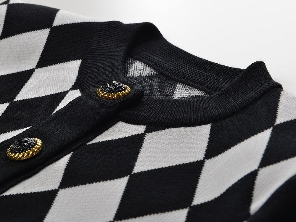 Black and White Harlequin Pattern Cardigan with Gold Button Accents