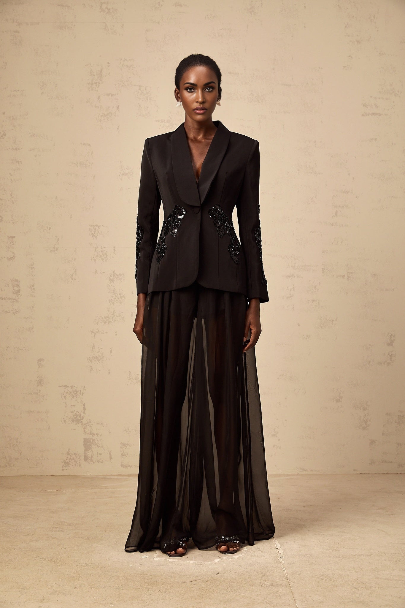 Black blazer and trousers set with tulle panel embellishments