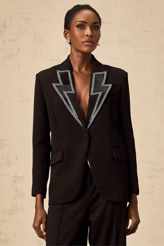 Black blazer with crystal lightning bolt embellishment on Violeta brand jacket