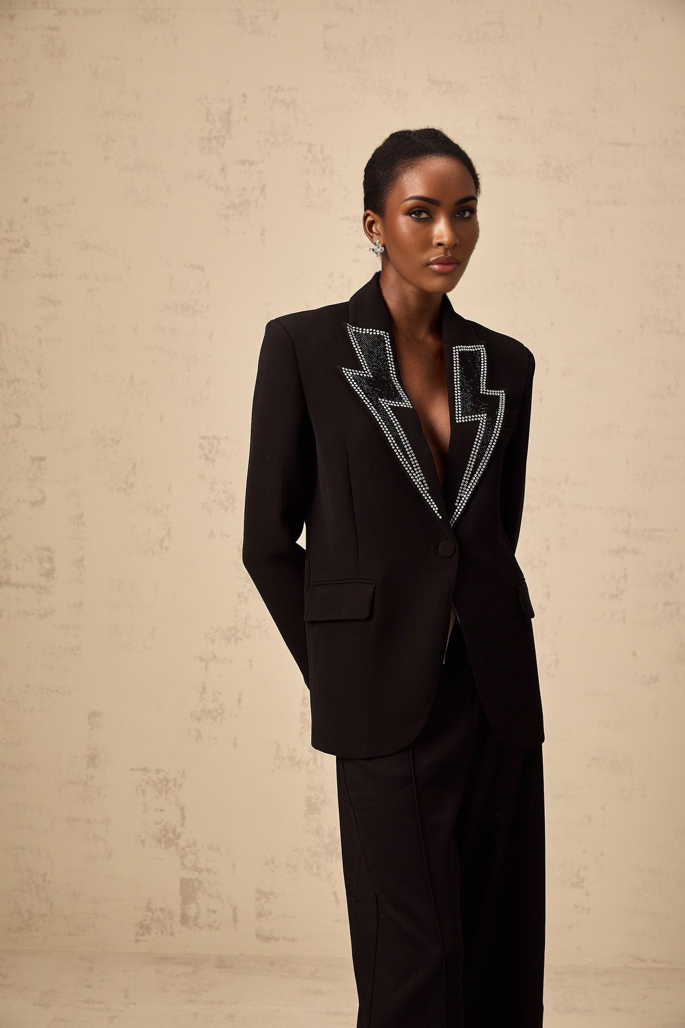 Black blazer with crystal lightning design embellishment