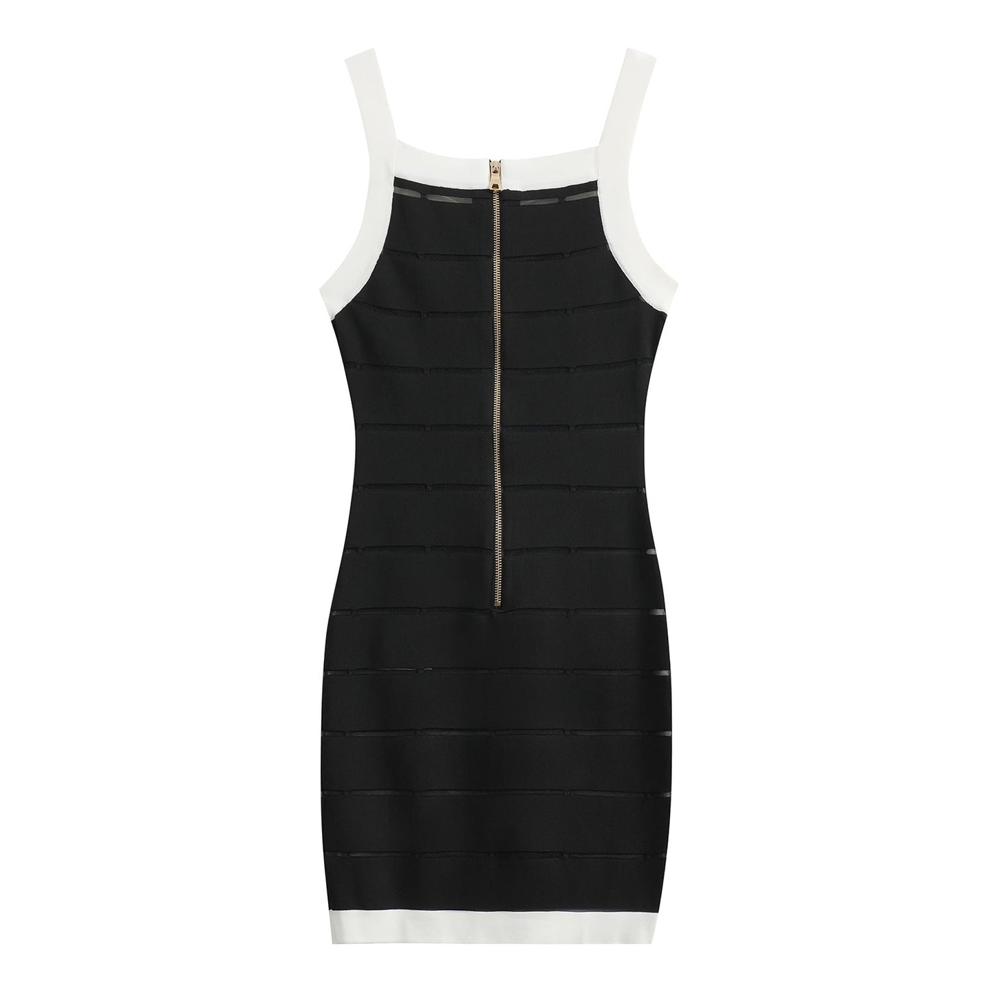 Black bodycon dress with white panel detailing and gold button embellishments