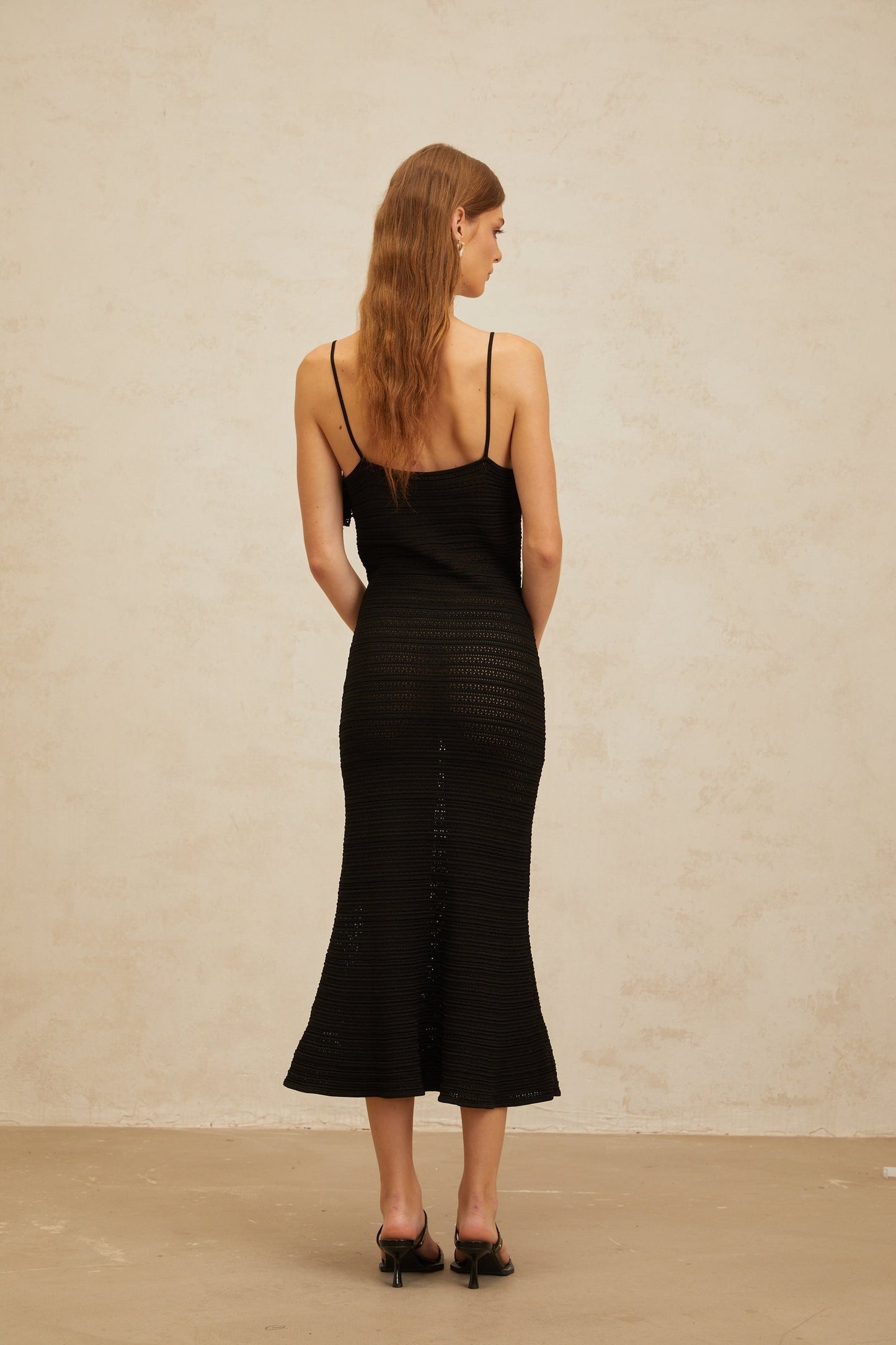 Black Crochet Knit Sleeveless Dress with Cut-Out Detailing and Ruffled Trim