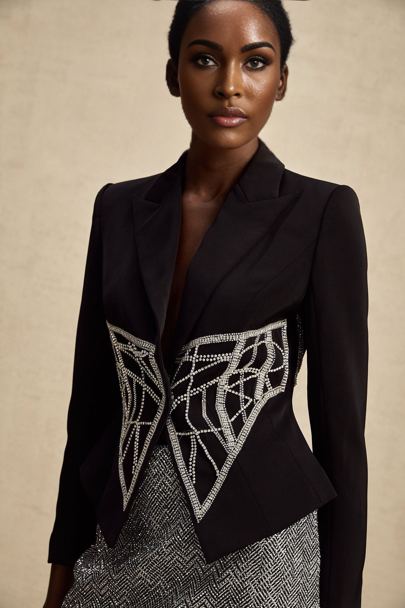 Black embellished jacket with cinched waist named Genevieve