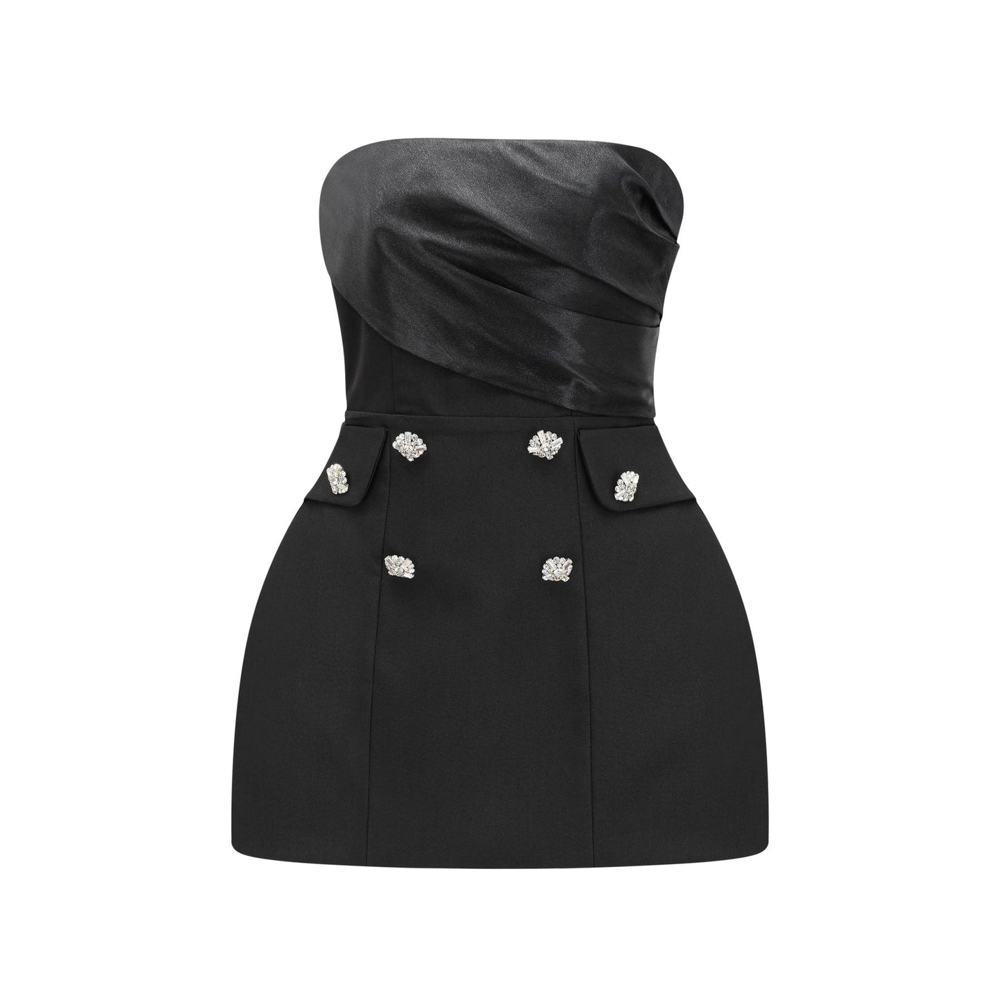 Black flared mini dress with crystal buttons named Mealla