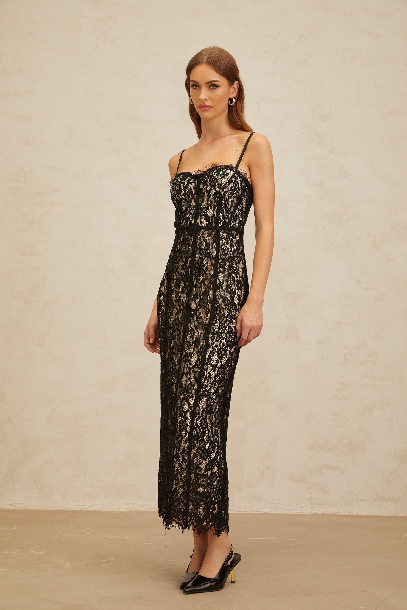 Black Floral Lace Bustier Maxi Dress with Adjustable Spaghetti Straps